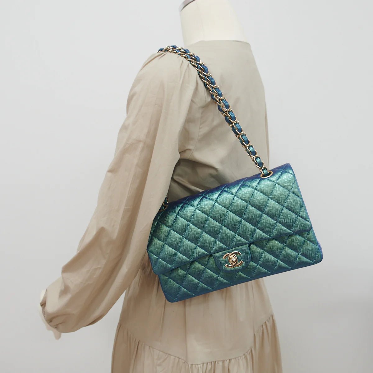 CHANEL 22P Iridescent Green Turquoise Medium Classic Flap - Carly Julia Sells Stuff, LLC