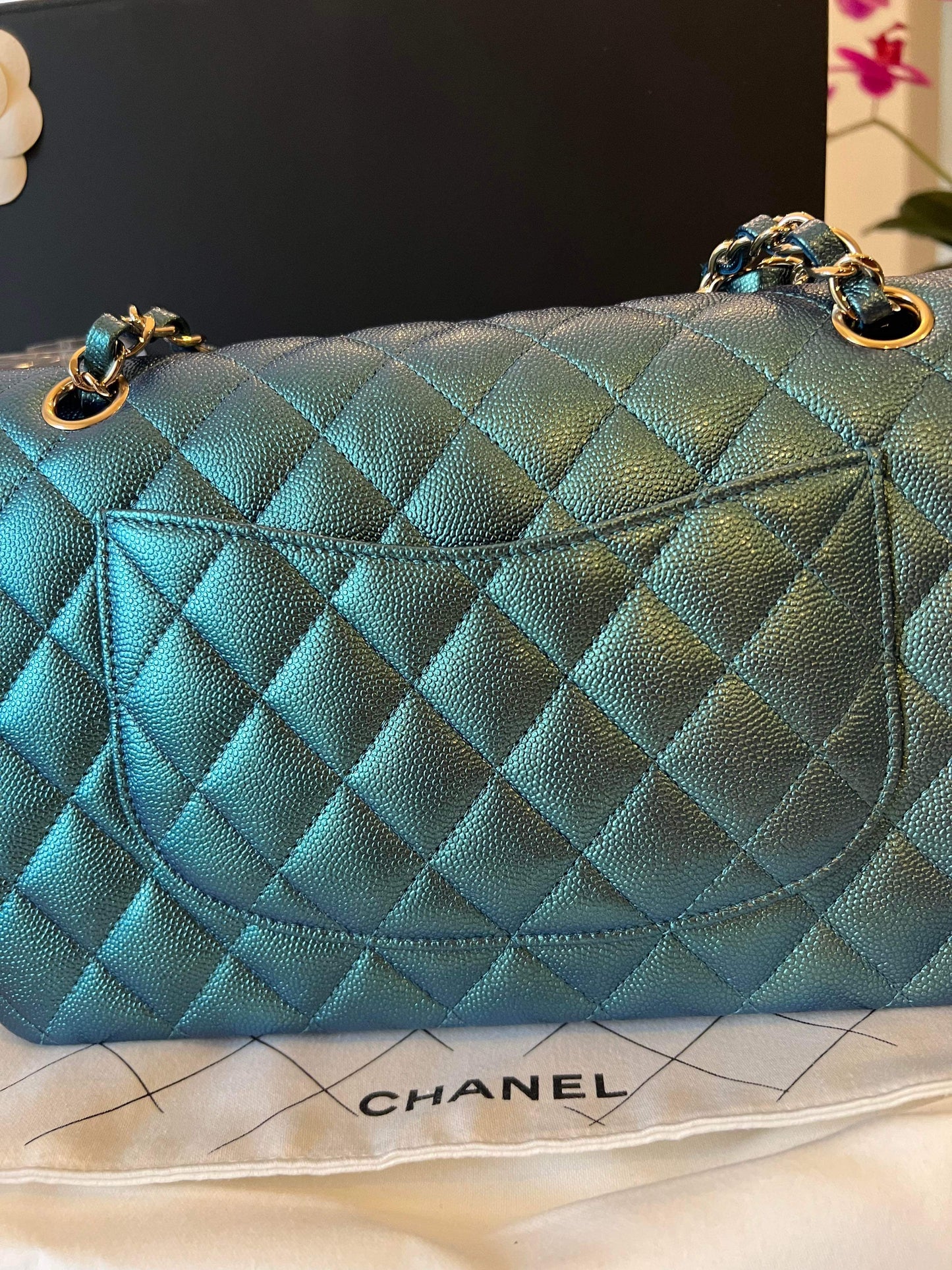 CHANEL 22P Iridescent Green Turquoise Medium Classic Flap - Carly Julia Sells Stuff, LLC