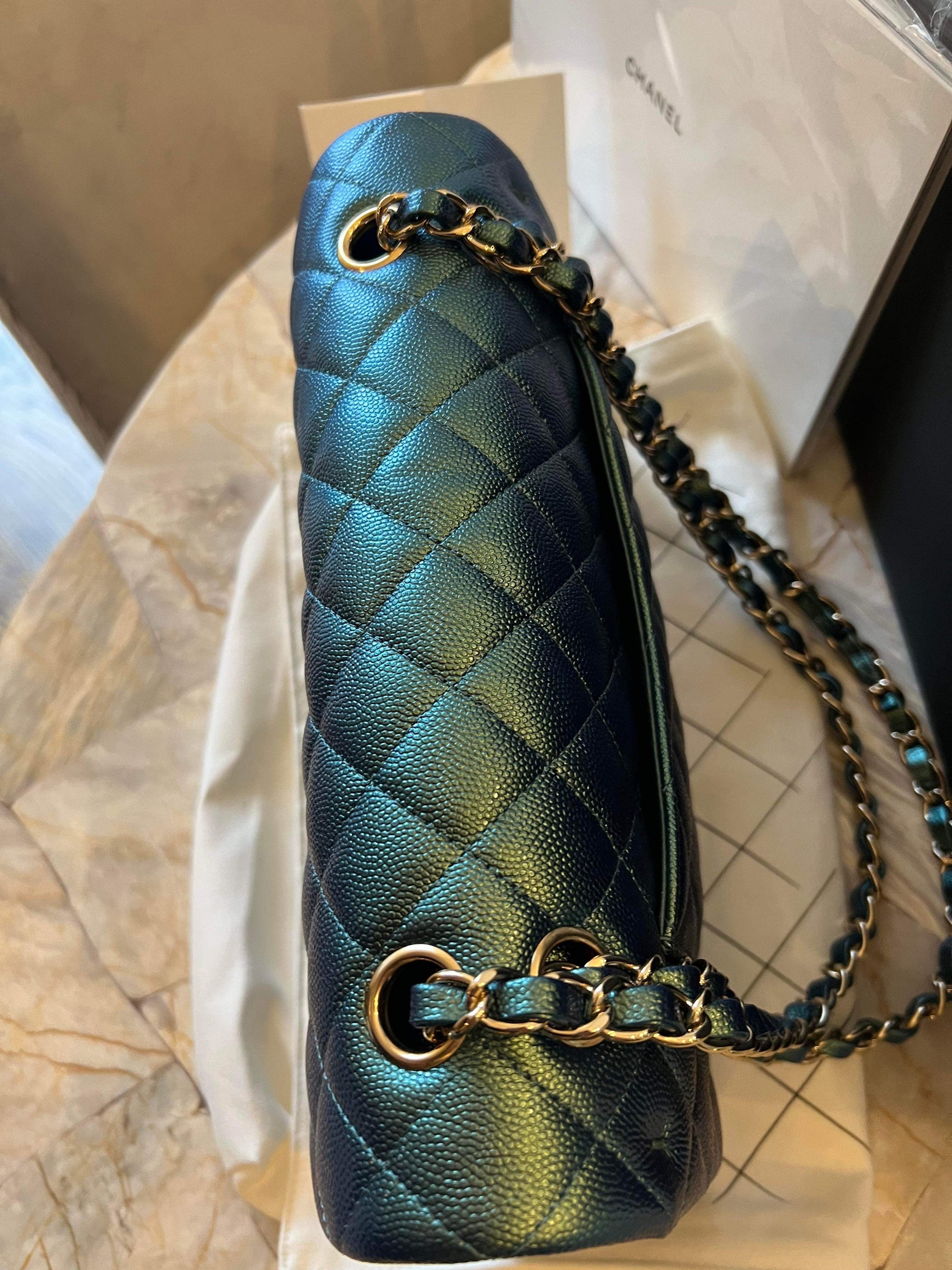 CHANEL 22P Iridescent Green Turquoise Medium Classic Flap - Carly Julia Sells Stuff, LLC