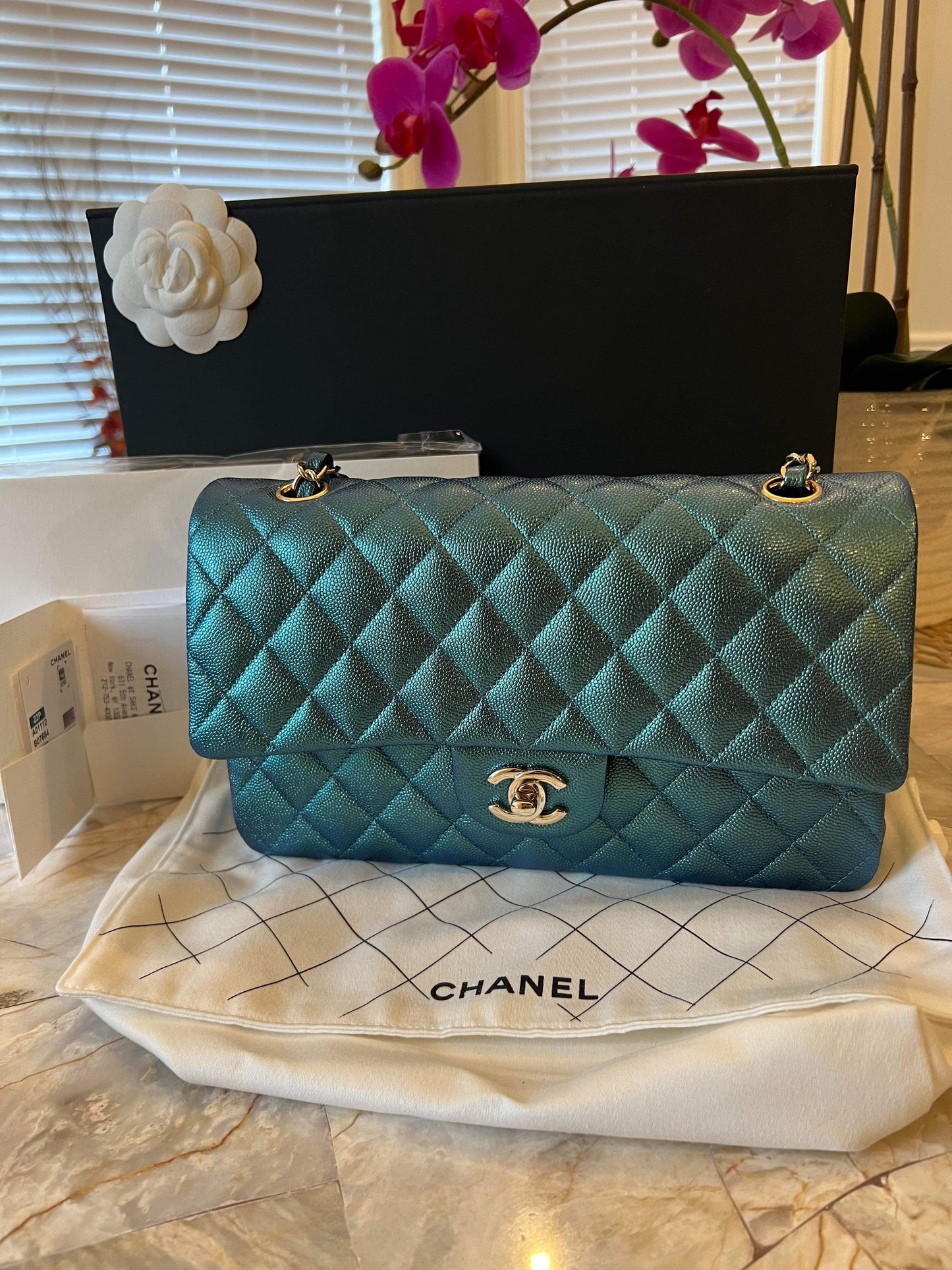 CHANEL 22P Iridescent Green Turquoise Medium Classic Flap - Carly Julia Sells Stuff, LLC