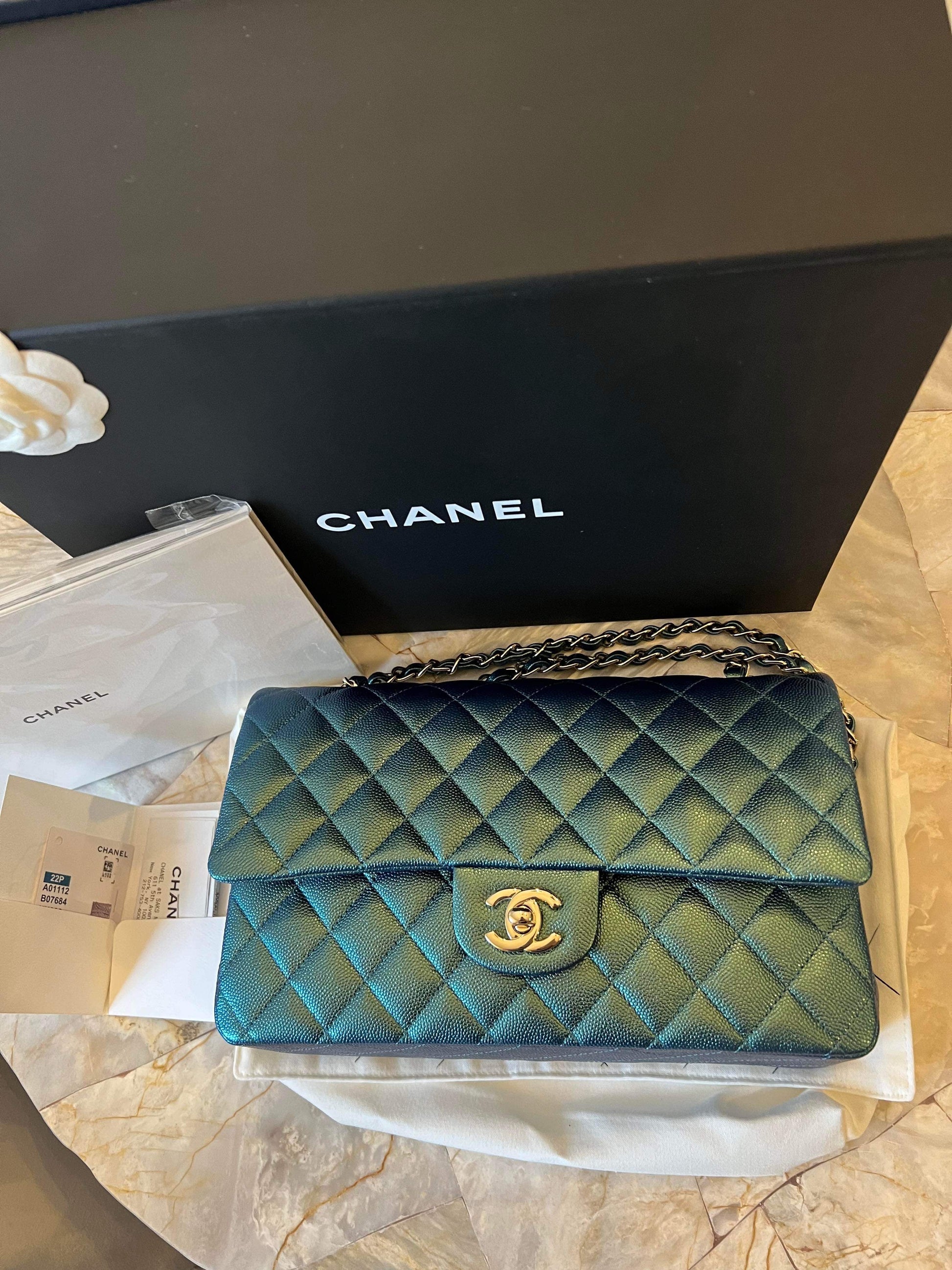 CHANEL 22P Iridescent Green Turquoise Medium Classic Flap - Carly Julia Sells Stuff, LLC