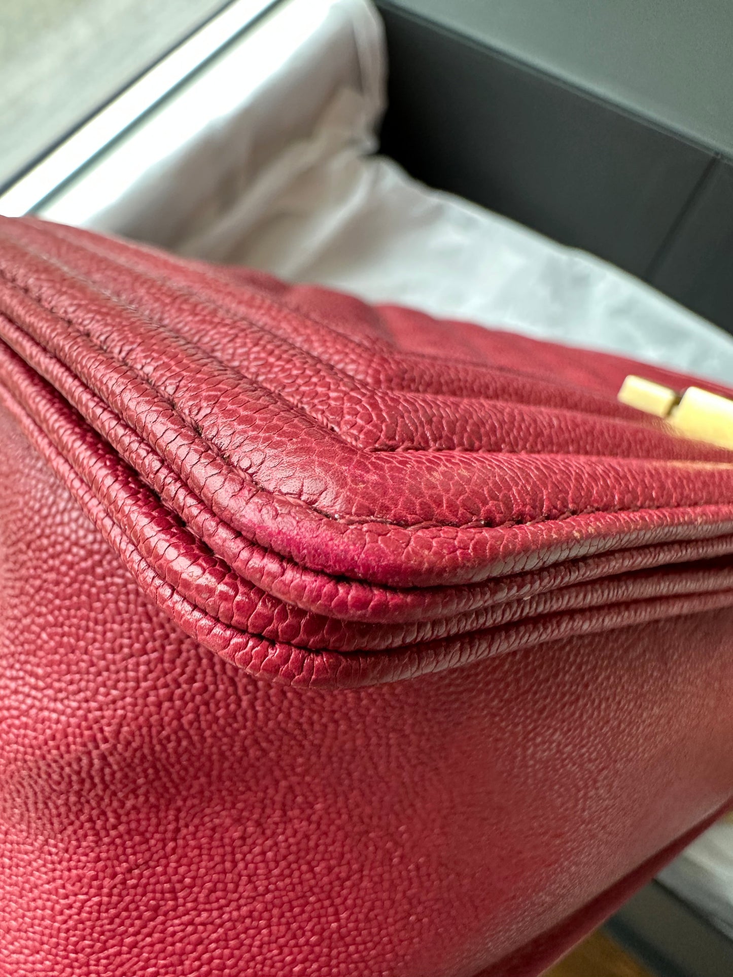 CHANEL Burgundy Caviar Old Medium Boy Bag GHW - Carly Julia Sells Stuff, LLC