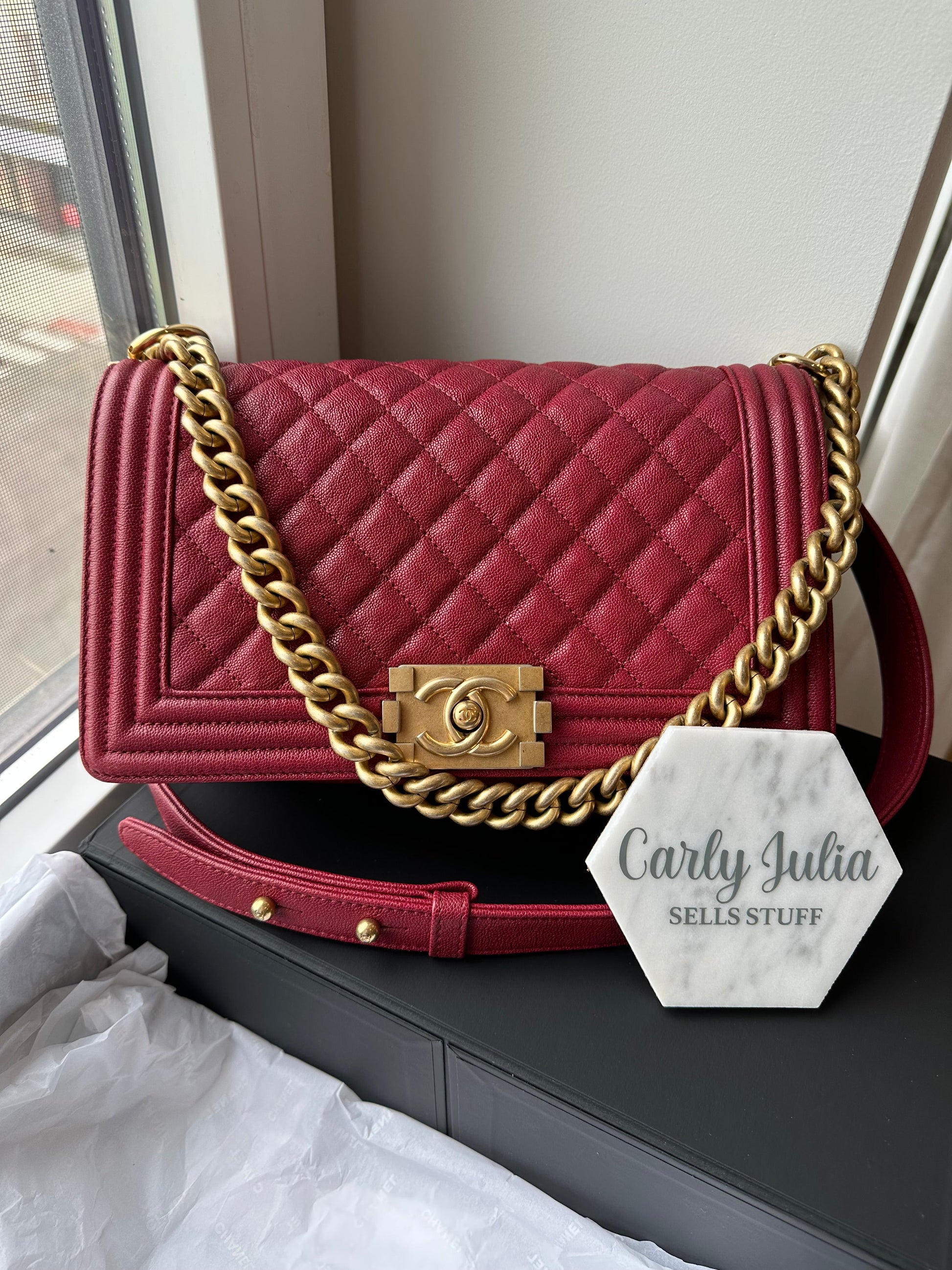 CHANEL Burgundy Caviar Old Medium Boy Bag GHW - Carly Julia Sells Stuff, LLC