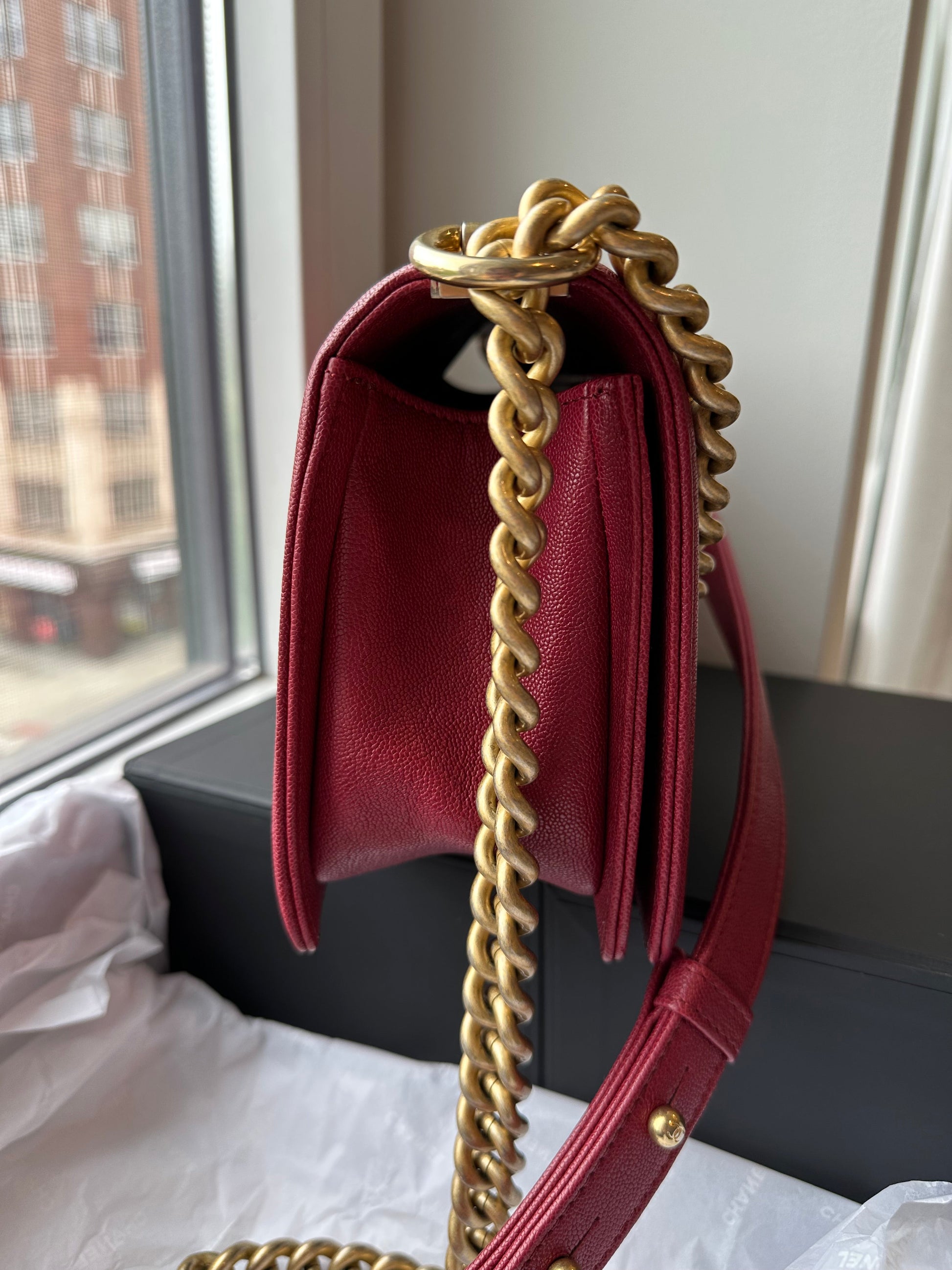 CHANEL Burgundy Caviar Old Medium Boy Bag GHW โ Carly Julia Sells