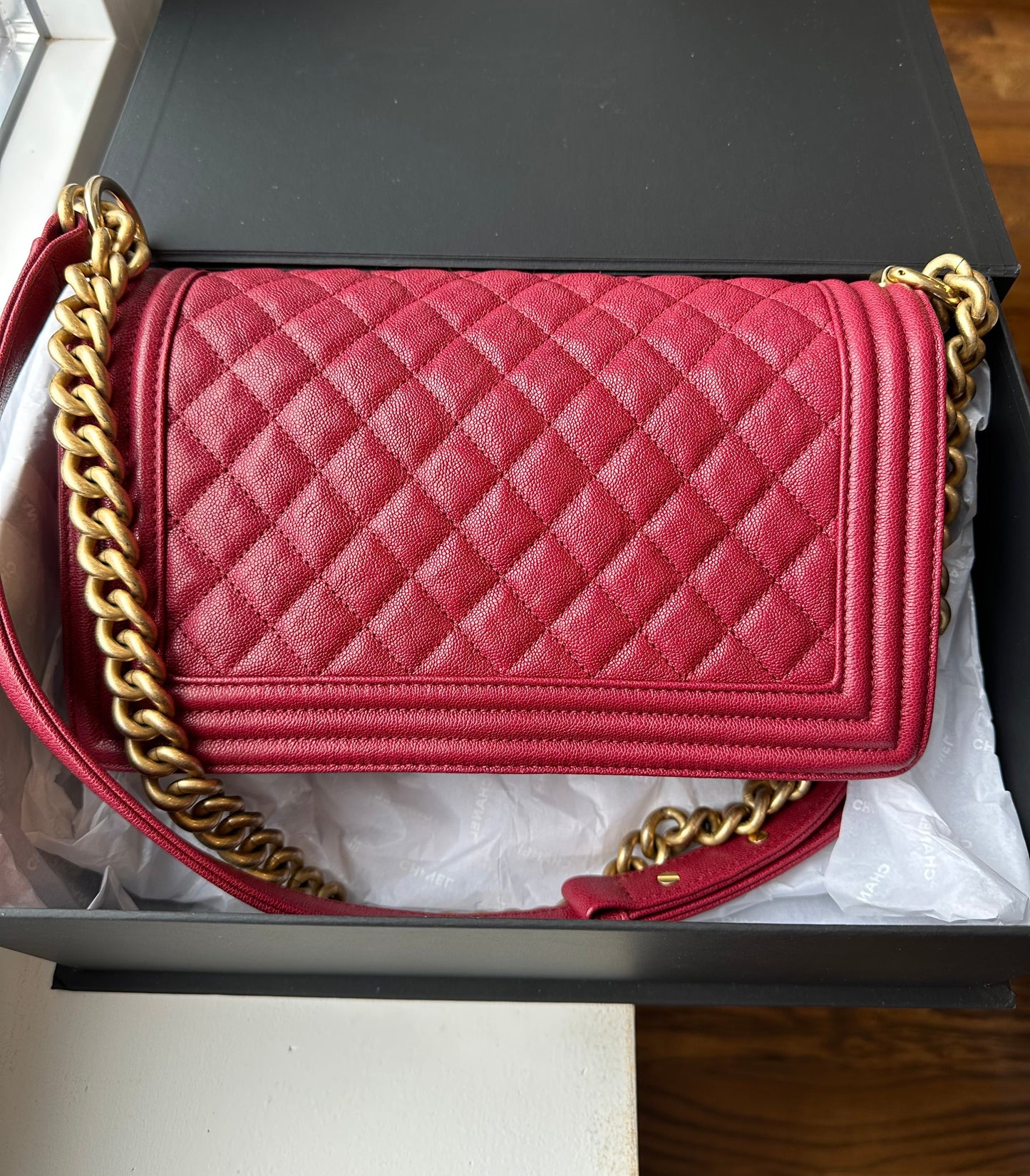 CHANEL Burgundy Caviar Old Medium Boy Bag GHW - Carly Julia Sells Stuff, LLC