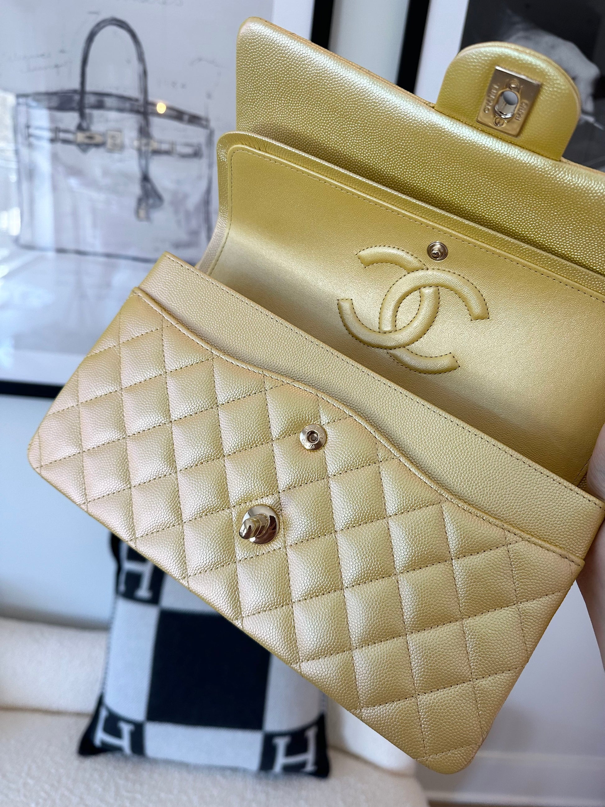 CHANEL Classic Medium Double 22P Iridescent Yellow Caviar Leather Gold Hardware - Carly Julia Sells Stuff, LLC