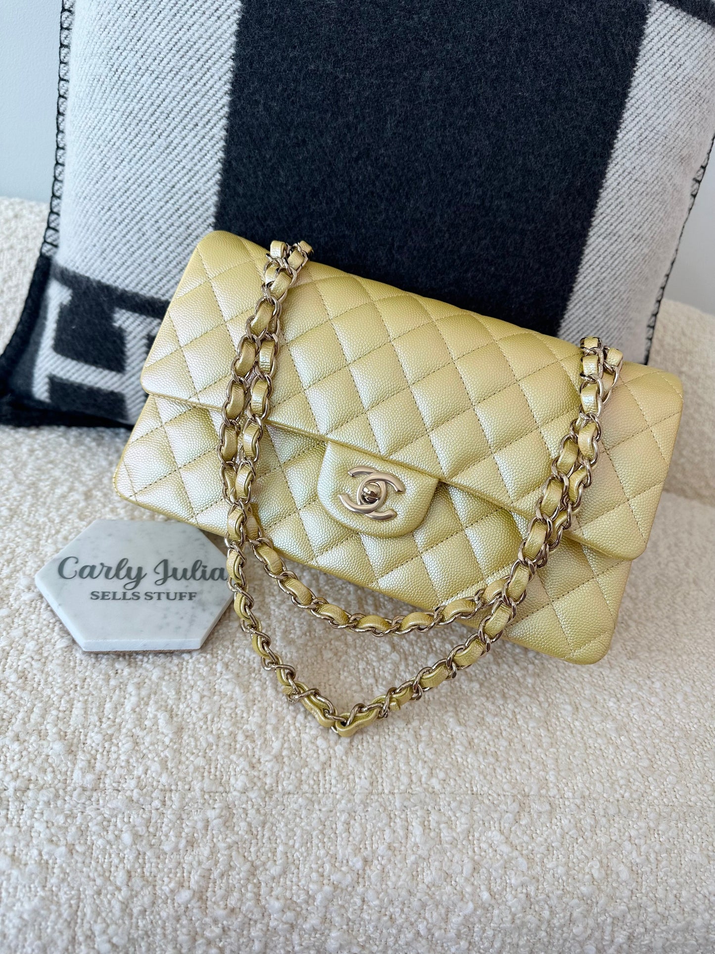 CHANEL Classic Medium Double 22P Iridescent Yellow Caviar Leather Gold Hardware - Carly Julia Sells Stuff, LLC