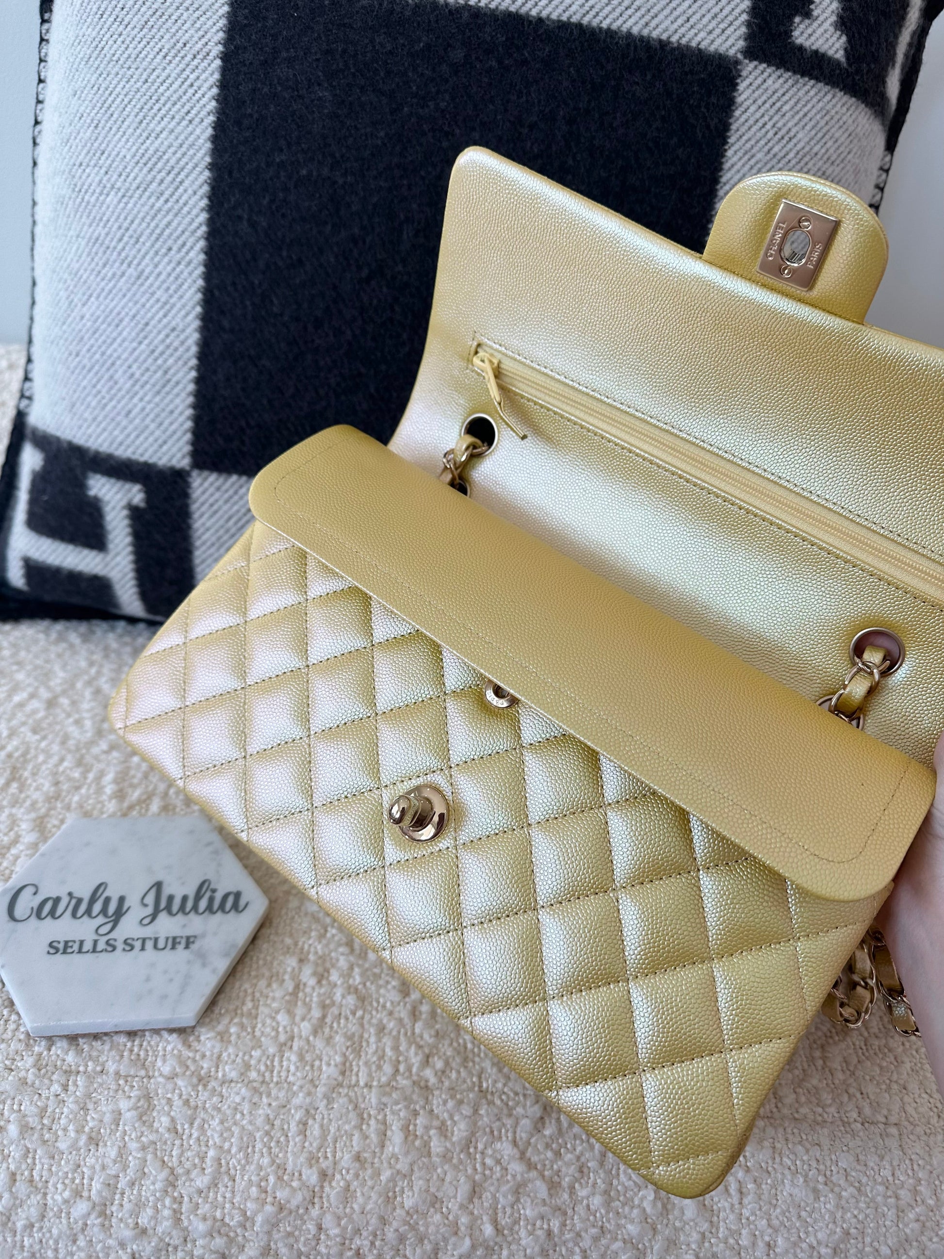 CHANEL Classic Medium Double 22P Iridescent Yellow Caviar Leather Gold Hardware - Carly Julia Sells Stuff, LLC