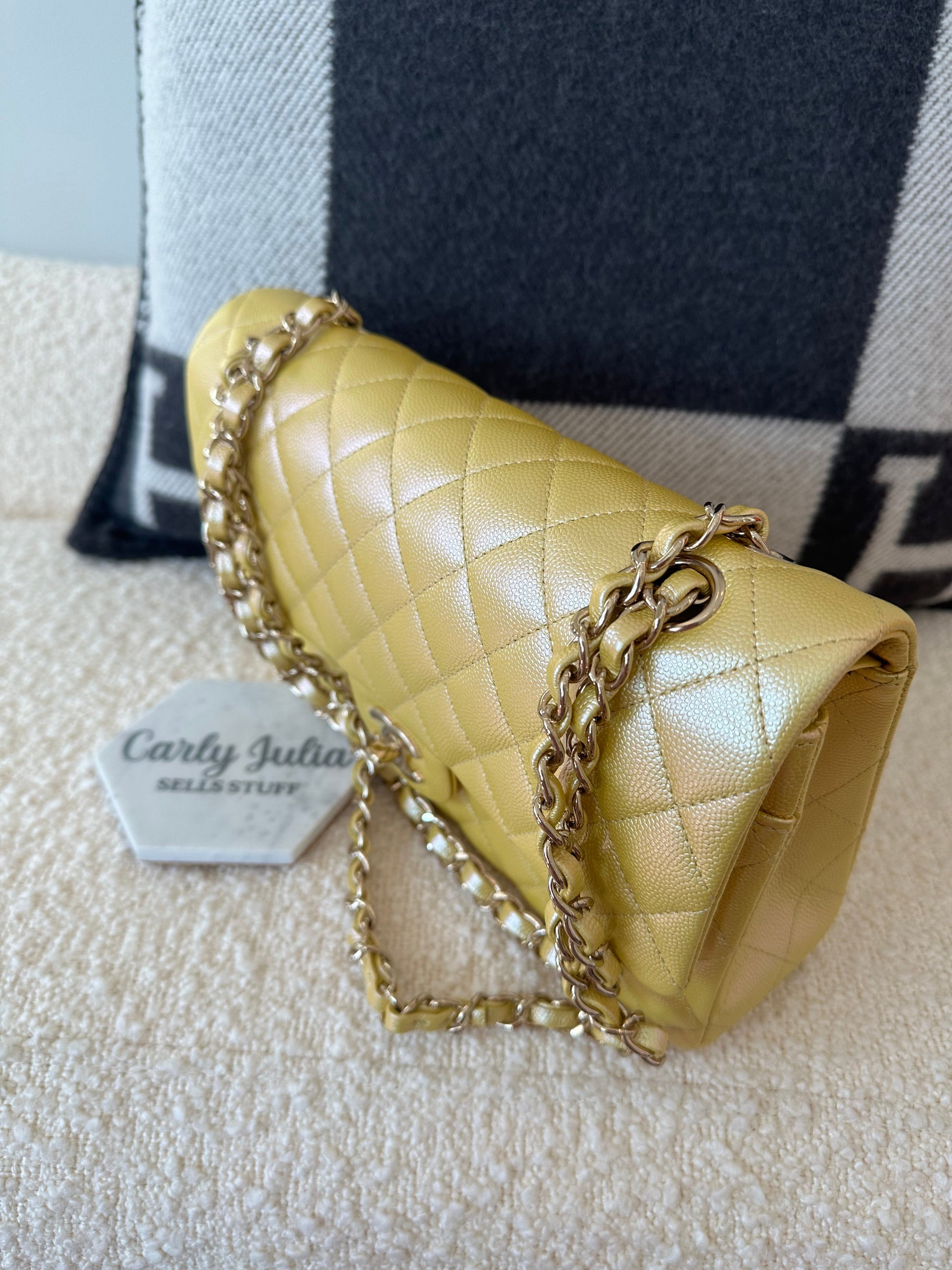 CHANEL Classic Medium Double 22P Iridescent Yellow Caviar Leather Gold Hardware - Carly Julia Sells Stuff, LLC