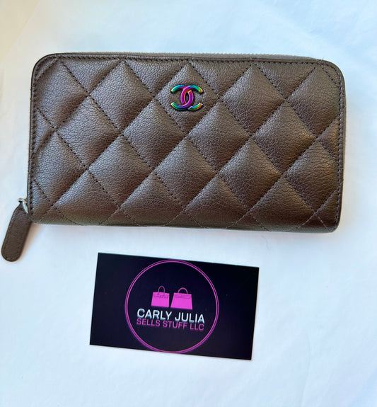 CHANEL Iridescent Goatskin Quilted Large Zip Around Wallet - Carly Julia Sells Stuff, LLC