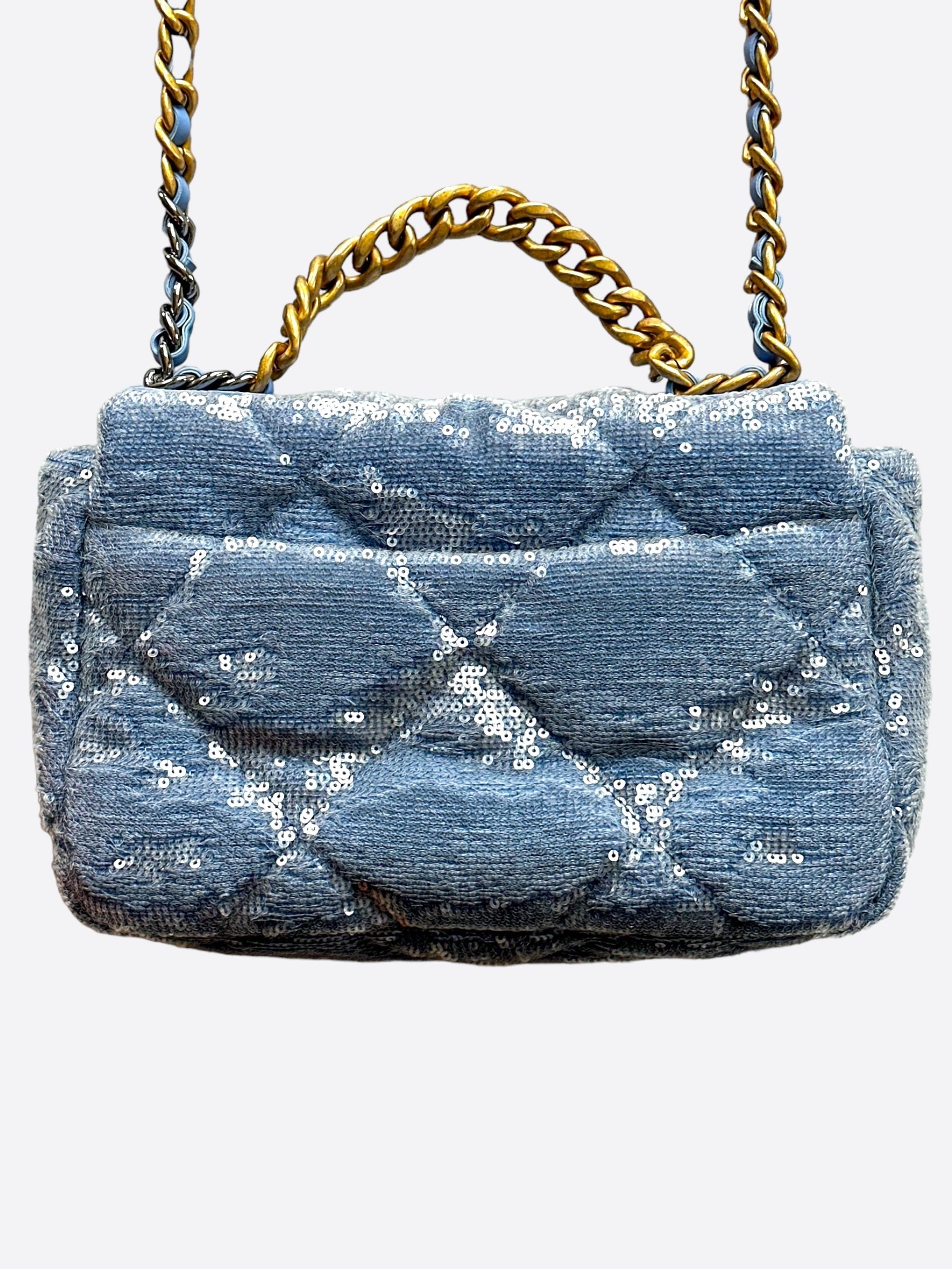 Chanel Light Blue Quilted Sequin Medium 19 Flap Bag - Carly Julia Sells Stuff, LLC