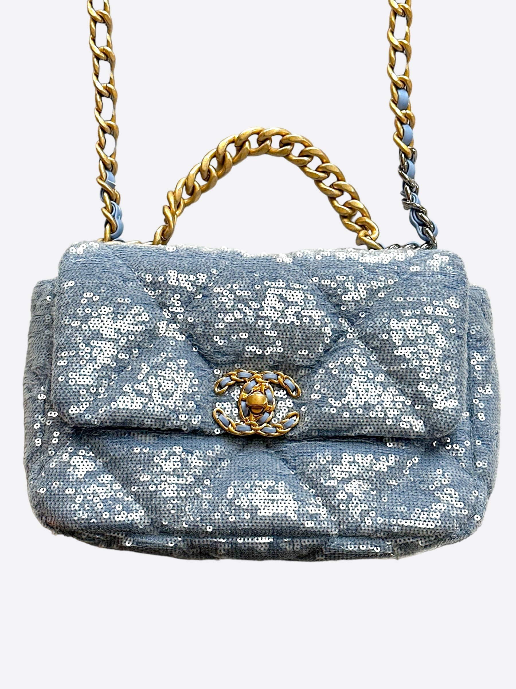 Chanel Light Blue Quilted Sequin Medium 19 Flap Bag - Carly Julia Sells Stuff, LLC