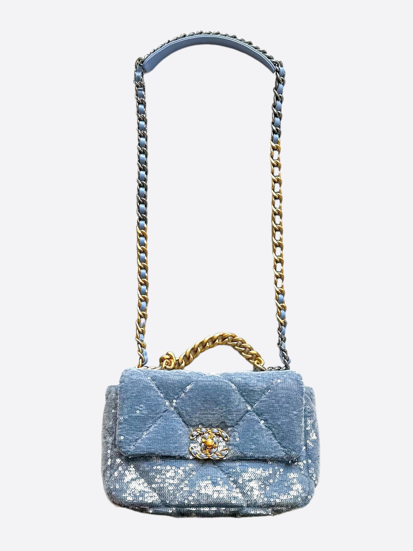 Chanel Light Blue Quilted Sequin Medium 19 Flap Bag - Carly Julia Sells Stuff, LLC