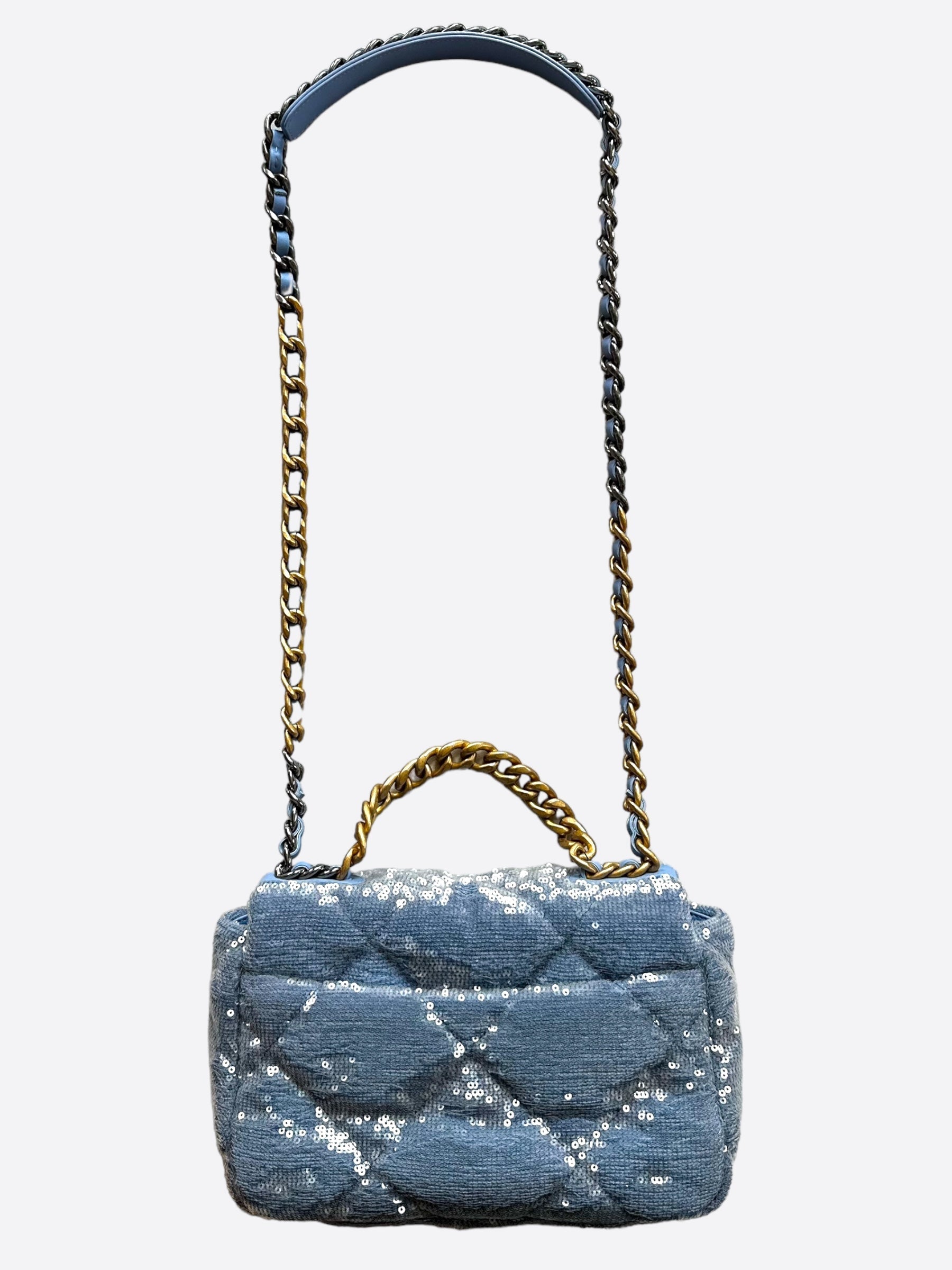 Chanel Light Blue Quilted Sequin Medium 19 Flap Bag - Carly Julia Sells Stuff, LLC