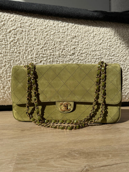 CHANEL Maxi "Souplissimo" Small Flap Bag Khaki Suede Gold Hardware - Carly Julia Sells Stuff, LLC