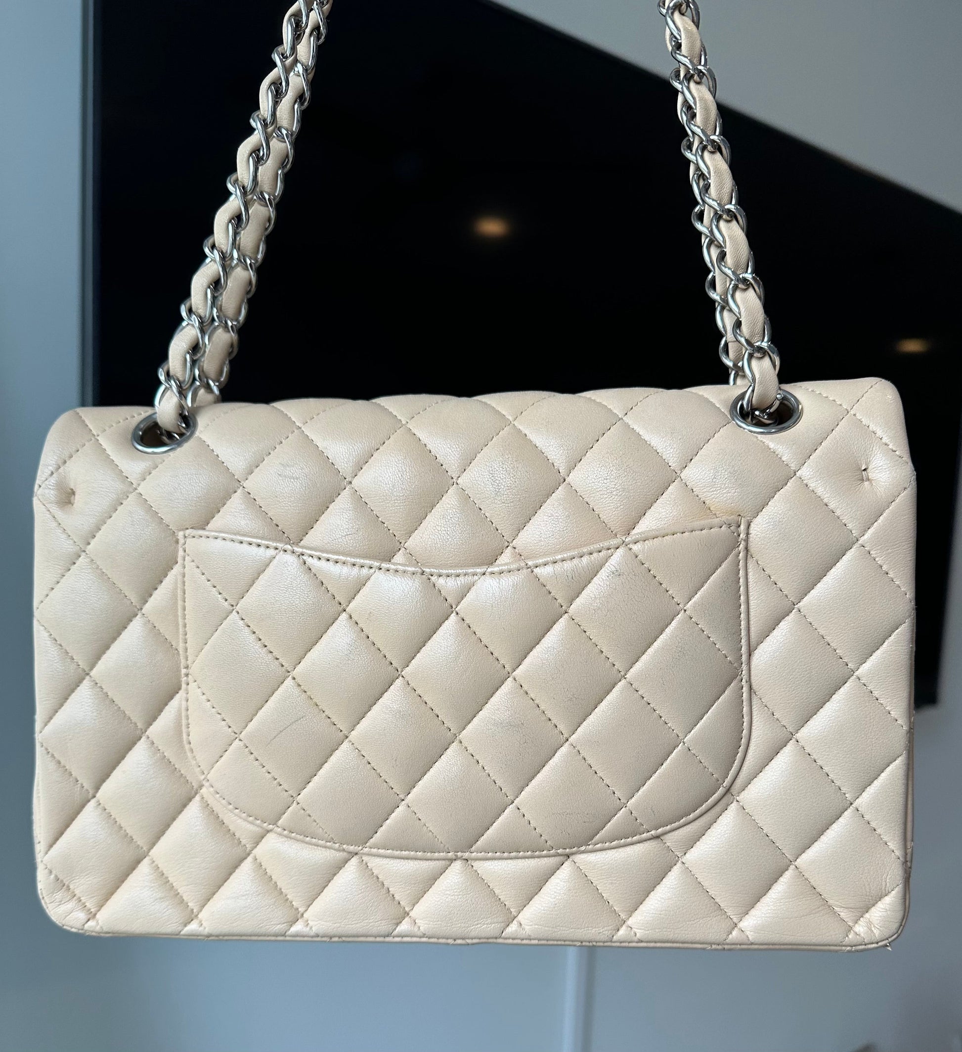 CHANEL Medium Double Flap Beige Lambskin Silver Hardware - Carly Julia Sells Stuff, LLC