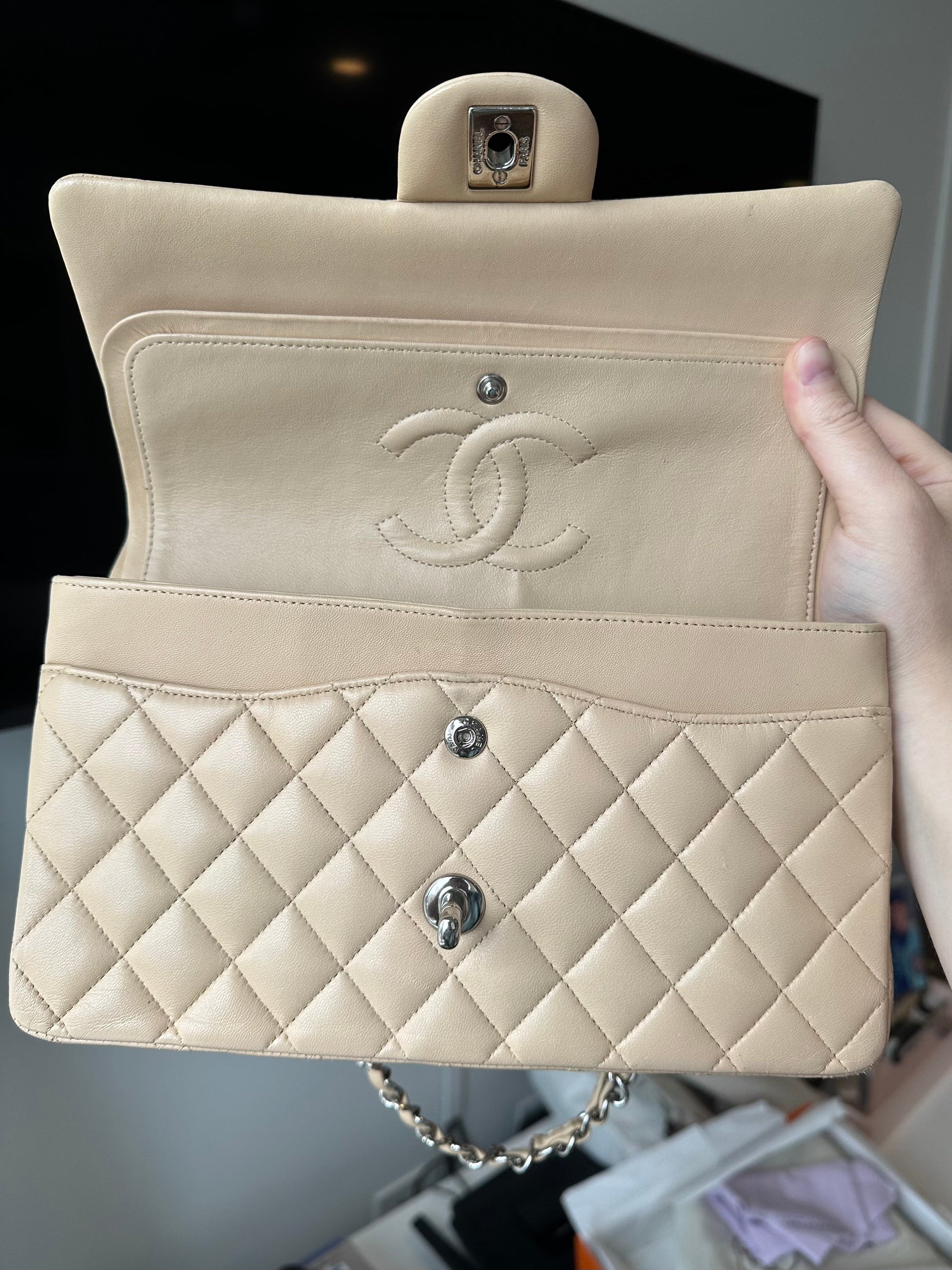 CHANEL Medium Double Flap Beige Lambskin Silver Hardware - Carly Julia Sells Stuff, LLC