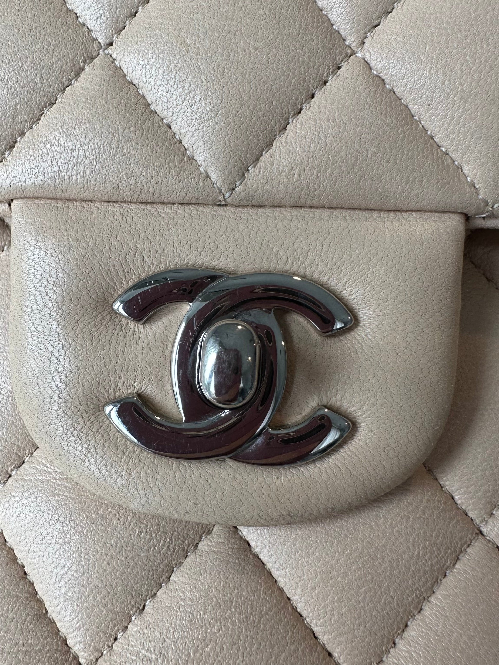 CHANEL Medium Double Flap Beige Lambskin Silver Hardware - Carly Julia Sells Stuff, LLC