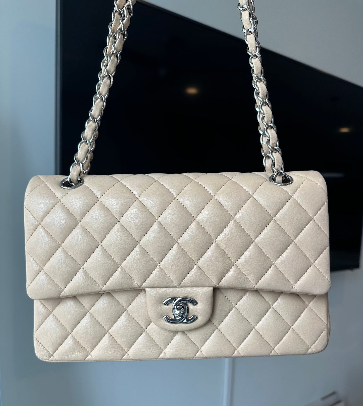 CHANEL Medium Double Flap Beige Lambskin Silver Hardware - Carly Julia Sells Stuff, LLC