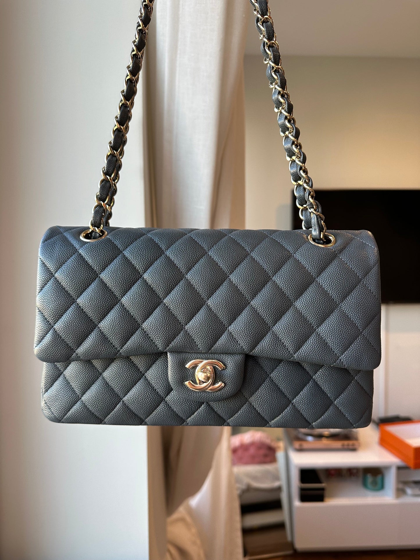 CHANEL Medium Grey Caviar Double Flap GHW - Carly Julia Sells Stuff, LLC