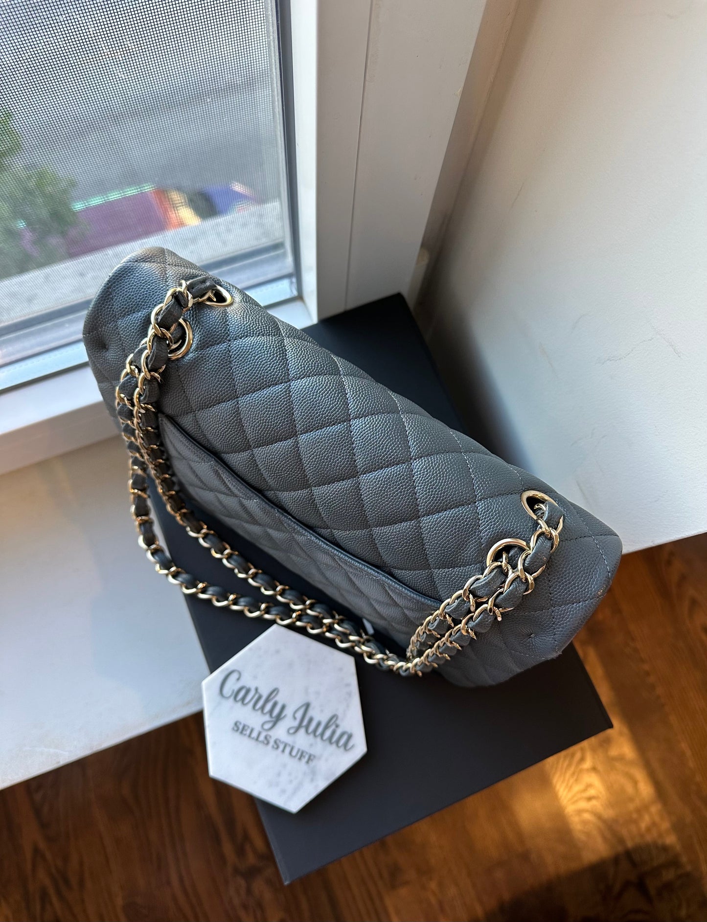 CHANEL Medium Grey Caviar Double Flap GHW - Carly Julia Sells Stuff, LLC