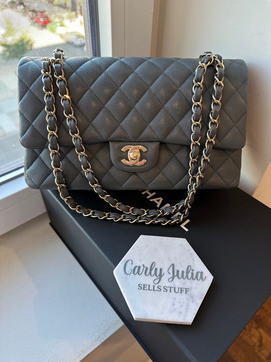 CHANEL Medium Grey Caviar Double Flap GHW - Carly Julia Sells Stuff, LLC