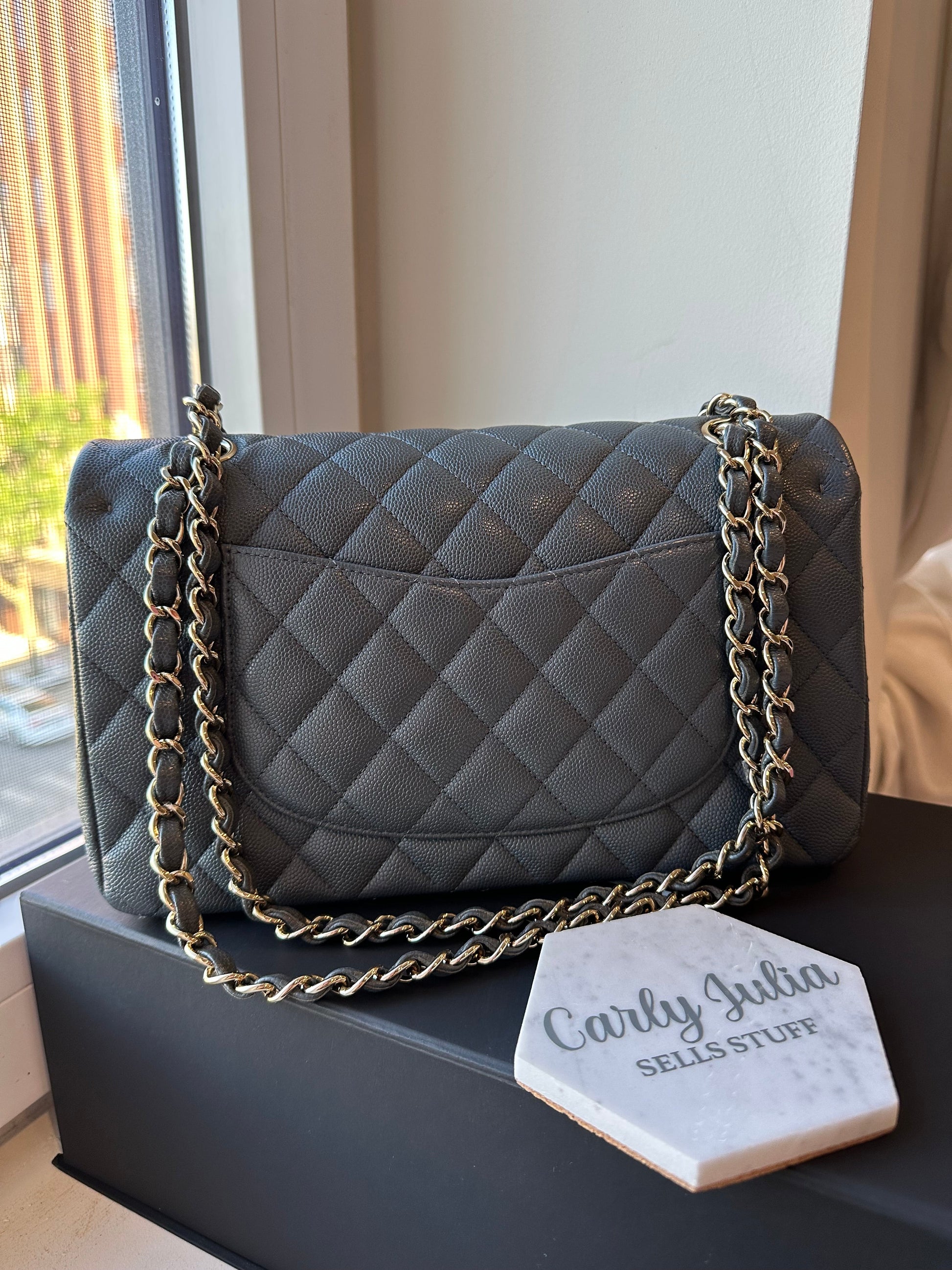 CHANEL Medium Grey Caviar Double Flap GHW - Carly Julia Sells Stuff, LLC