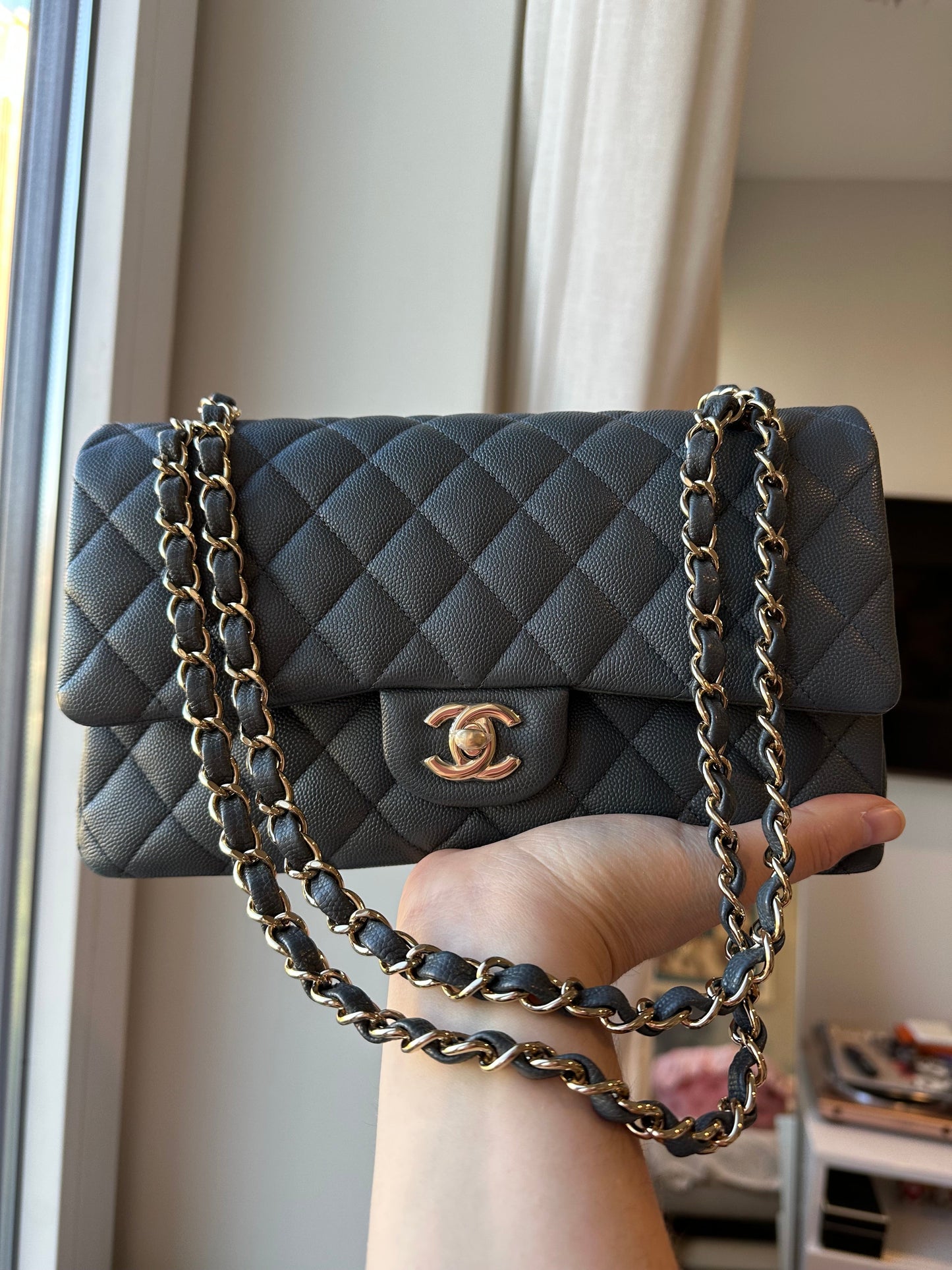 CHANEL Medium Grey Caviar Double Flap GHW - Carly Julia Sells Stuff, LLC