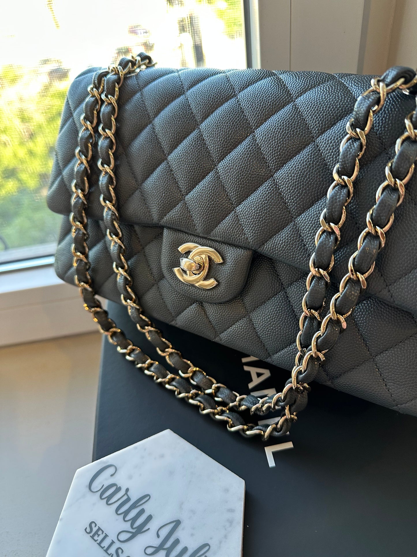 CHANEL Medium Grey Caviar Double Flap GHW - Carly Julia Sells Stuff, LLC