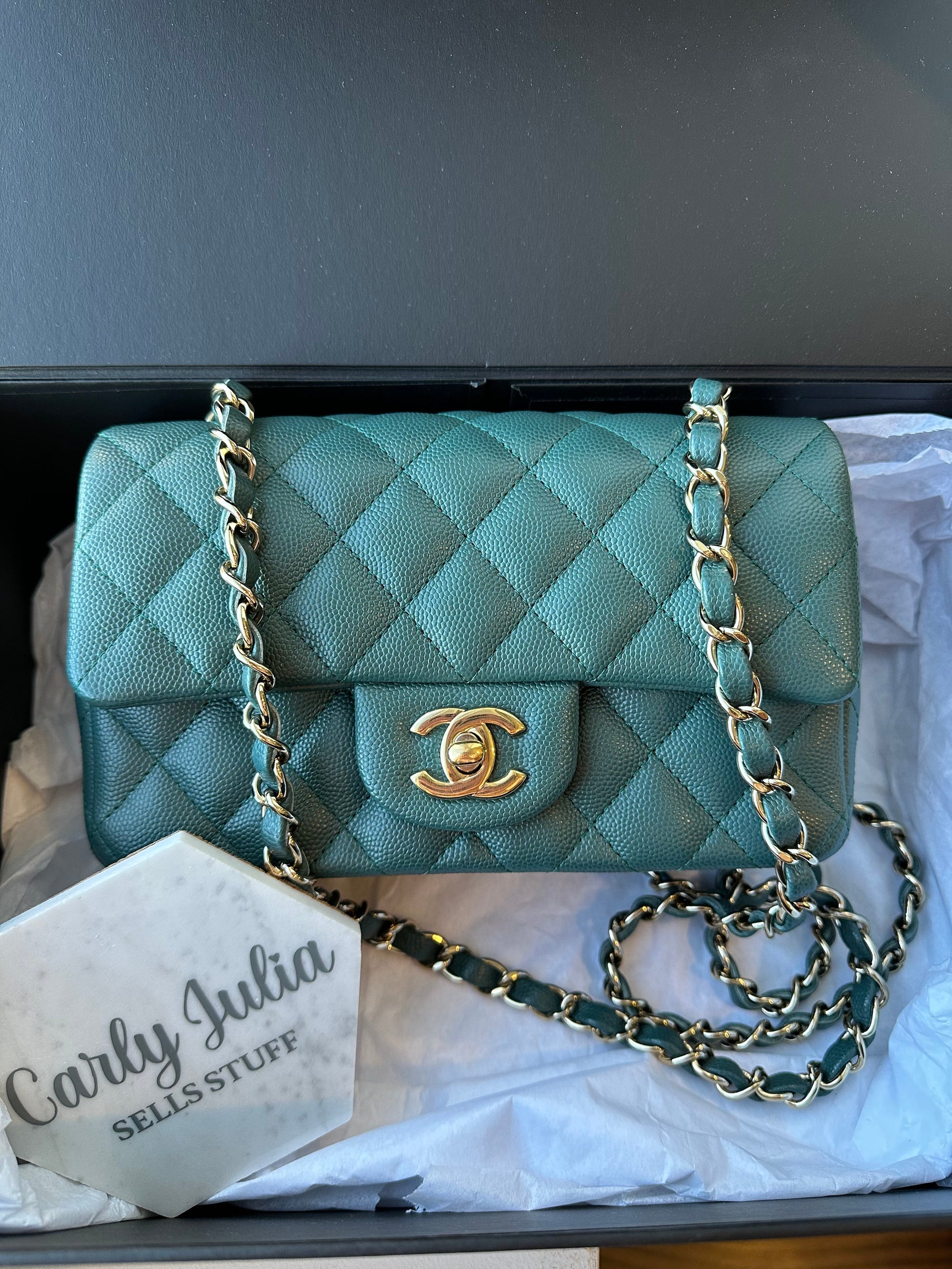 CHANEL Mini Caviar Green Turquoise 17B Flap Bag - Carly Julia Sells Stuff, LLC