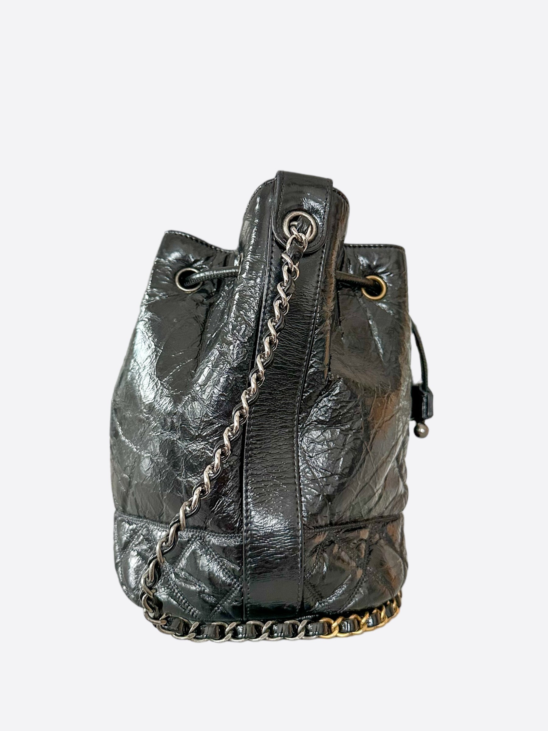 Chanel Shiny Black Calfskin Quilted Logo Bucket Bag - Carly Julia Sells Stuff, LLC