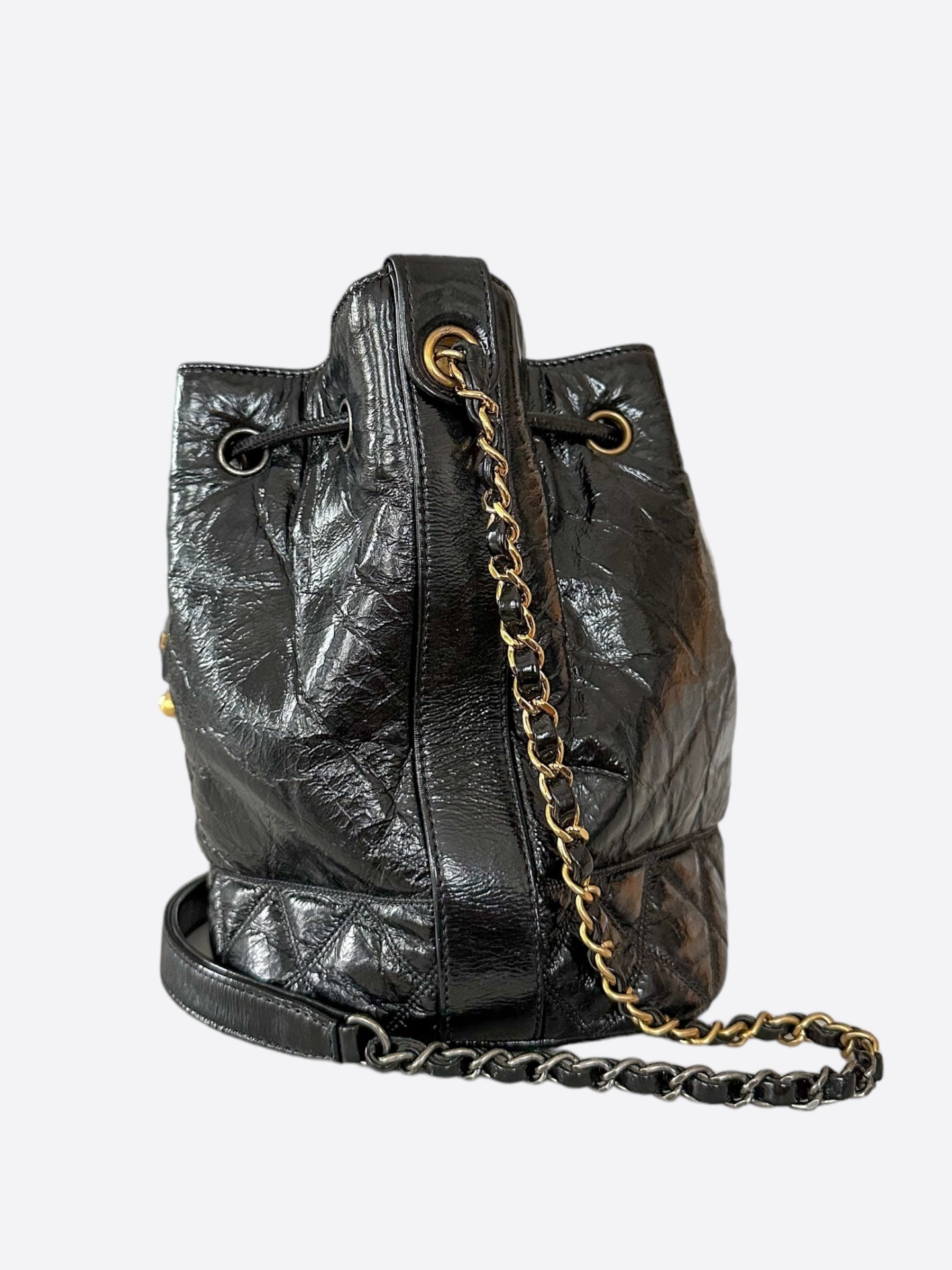 Chanel Shiny Black Calfskin Quilted Logo Bucket Bag - Carly Julia Sells Stuff, LLC