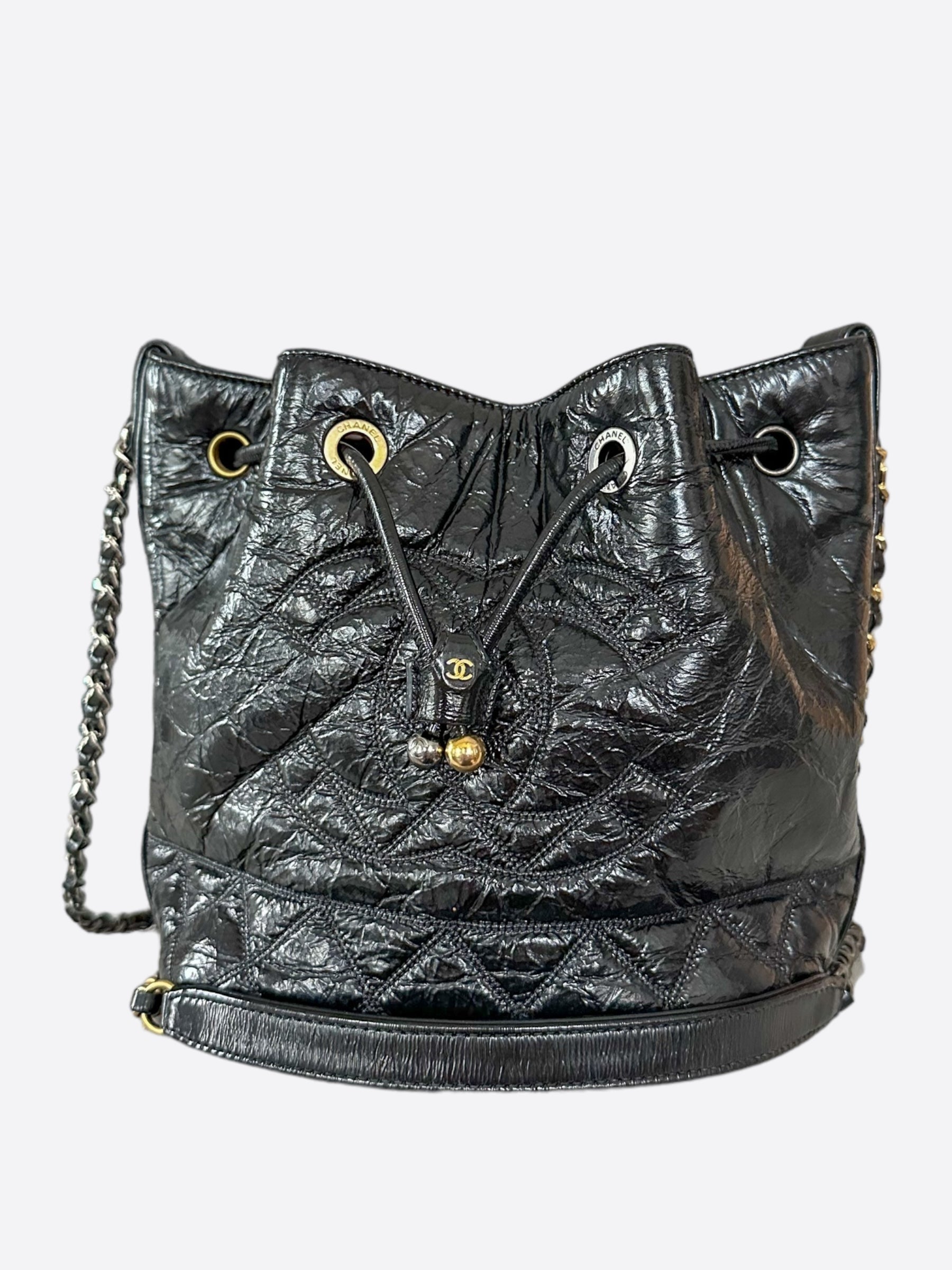 Chanel Shiny Black Calfskin Quilted Logo Bucket Bag - Carly Julia Sells Stuff, LLC