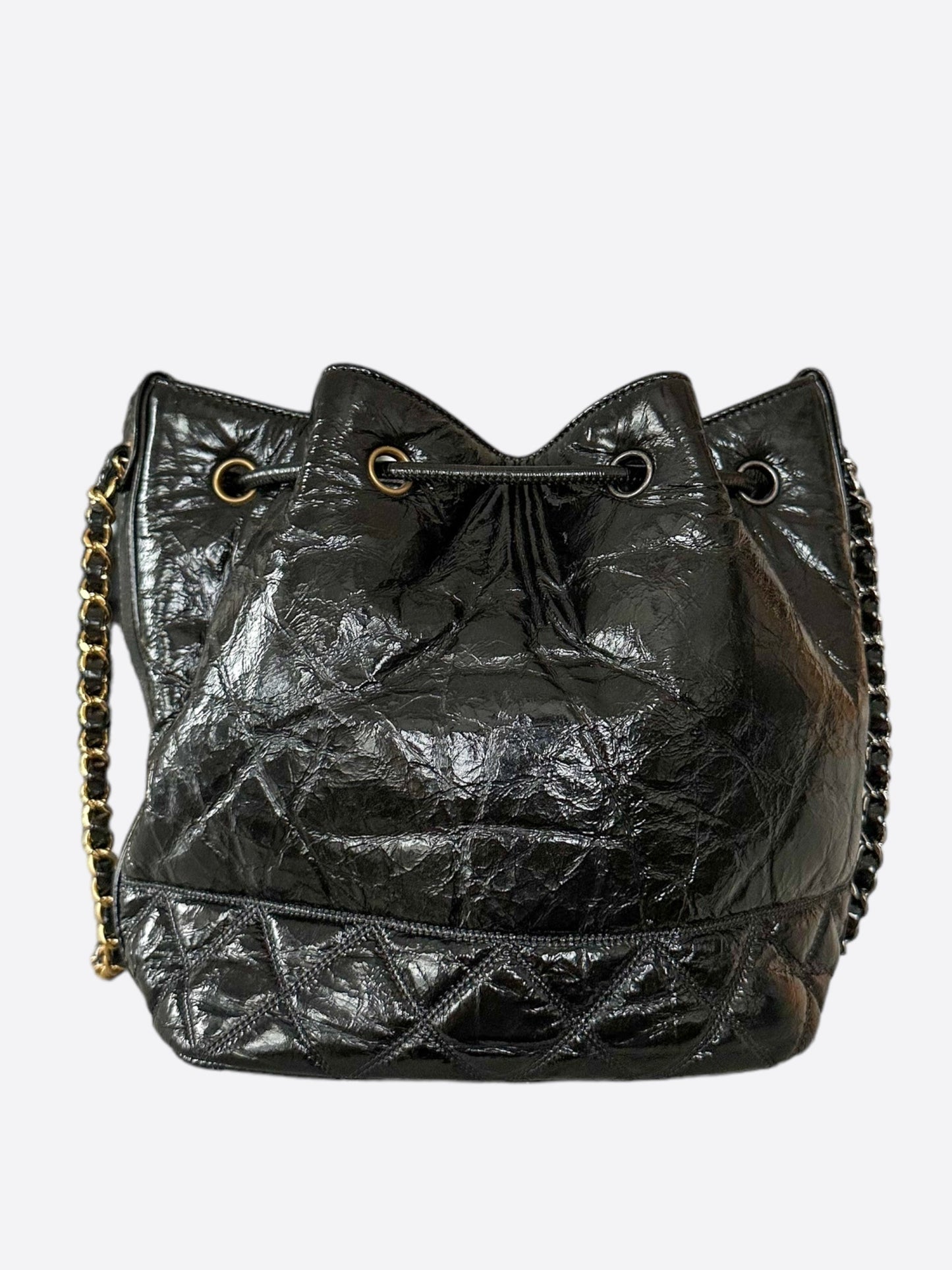 Chanel Shiny Black Calfskin Quilted Logo Bucket Bag - Carly Julia Sells Stuff, LLC