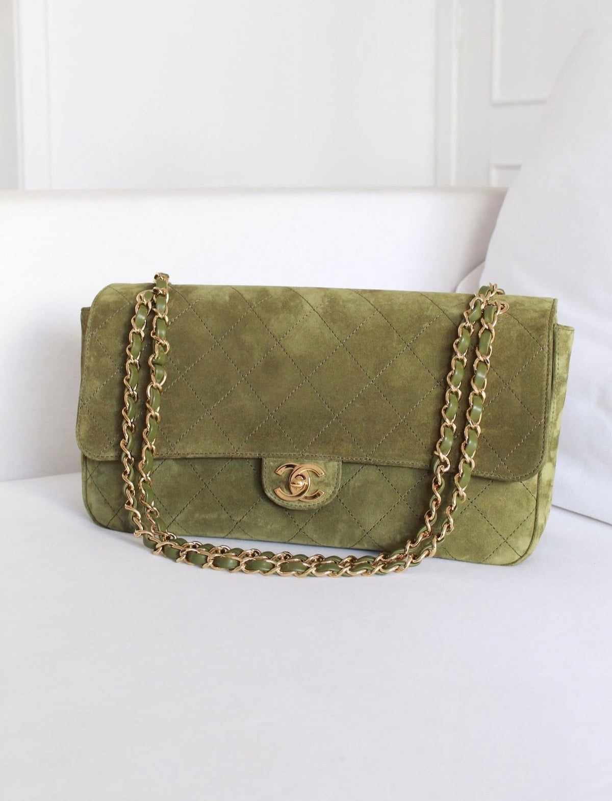 DEPOSIT: CHANEL Maxi "Souplissimo" Small Flap Bag Khaki Suede Gold Hardware - Carly Julia Sells Stuff, LLC