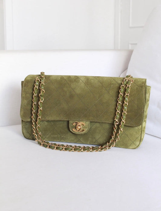 DEPOSIT: CHANEL Maxi "Souplissimo" Small Flap Bag Khaki Suede Gold Hardware - Carly Julia Sells Stuff, LLC