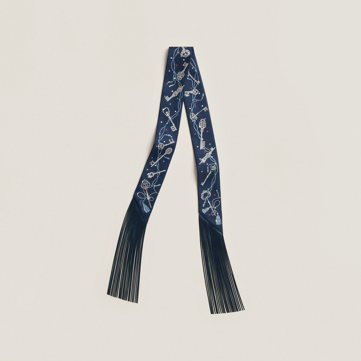 Hermes Bleu Marine Les Cles A Pois Silk Fringe Twilly Pair - Carly Julia Sells Stuff, LLC