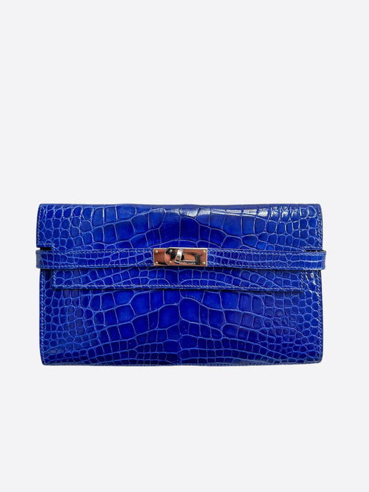 Hermes Blue Electrique Alligator Classic Kelly Wallet - Carly Julia Sells Stuff, LLC