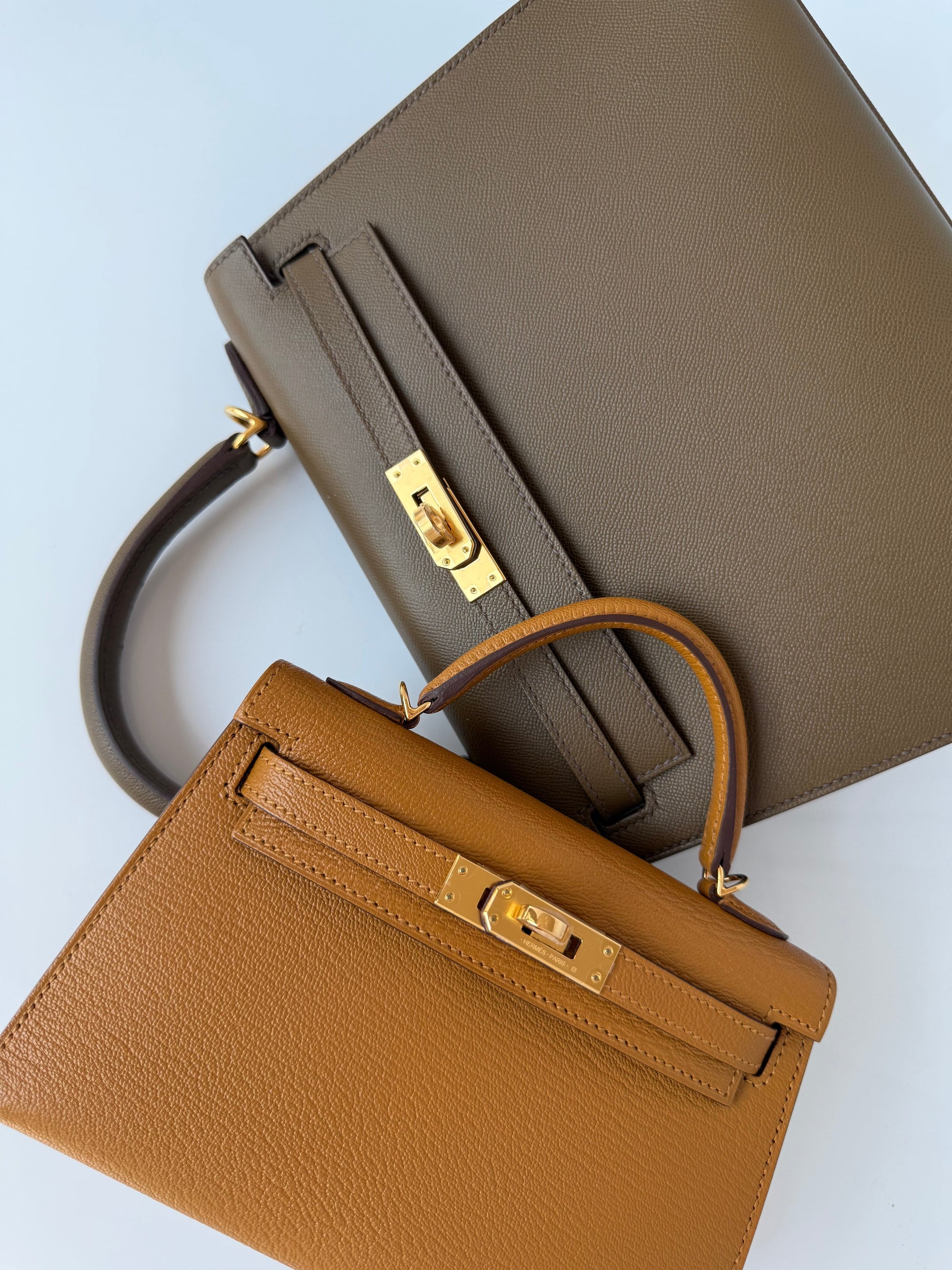 Hermes Chevre Mysore Verso Mini Kelly Sellier 20 Caramel Cacao - Carly Julia Sells Stuff, LLC