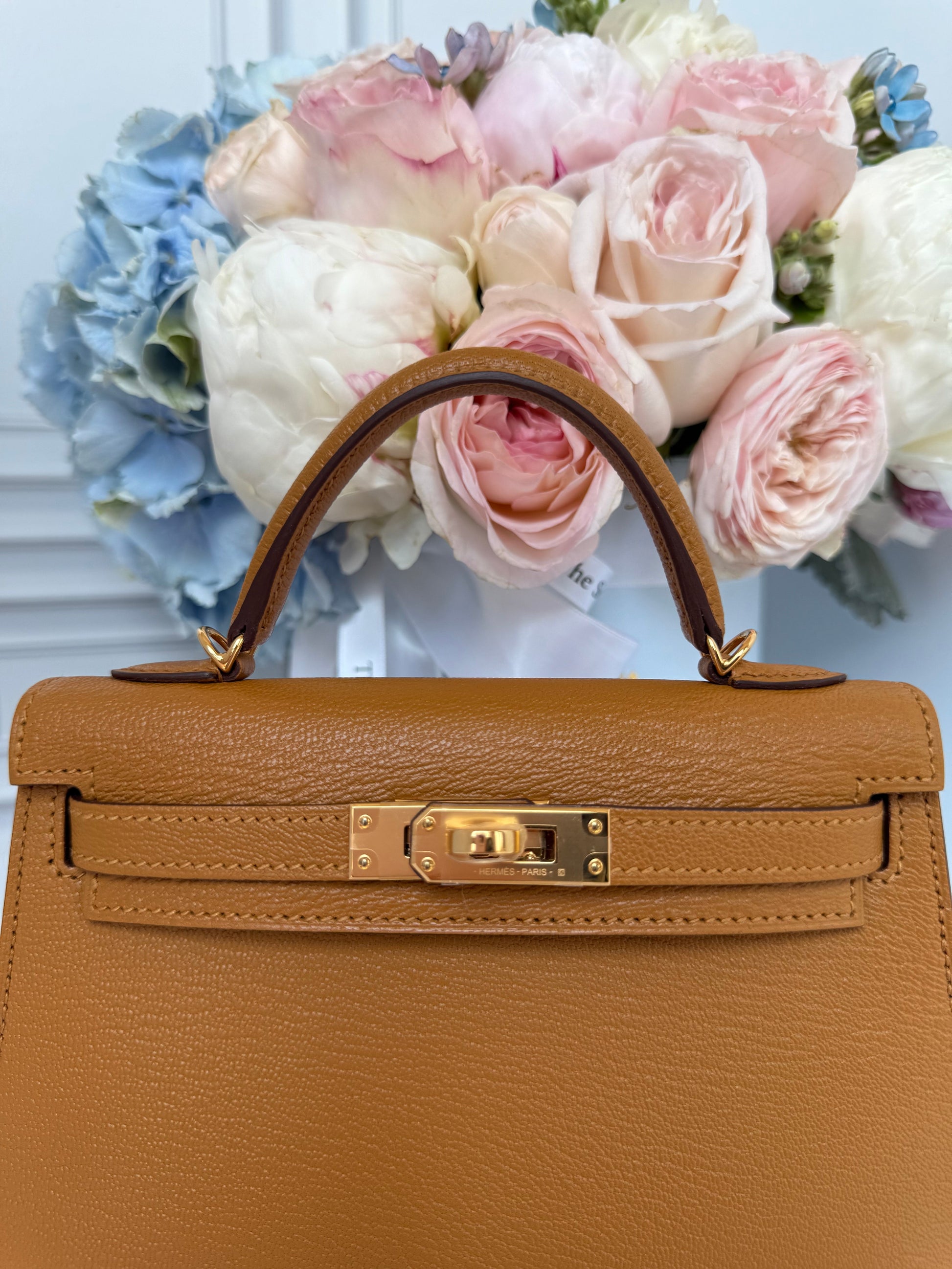 Hermes Chevre Mysore Verso Mini Kelly Sellier 20 Caramel Cacao - Carly Julia Sells Stuff, LLC