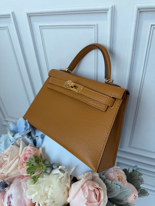 Hermes Chevre Mysore Verso Mini Kelly Sellier 20 Caramel Cacao - Carly Julia Sells Stuff, LLC