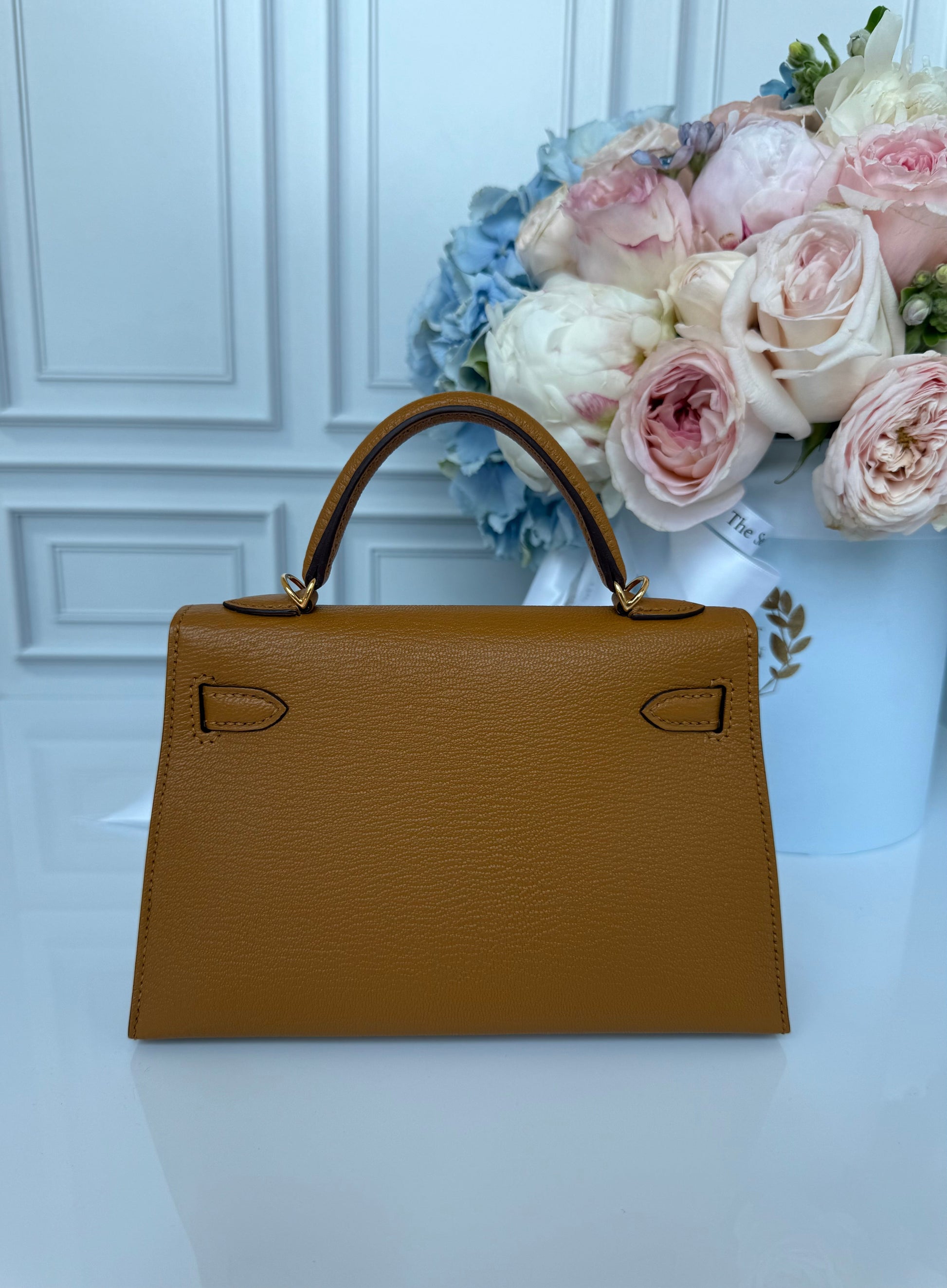 Hermes Chevre Mysore Verso Mini Kelly Sellier 20 Caramel Cacao - Carly Julia Sells Stuff, LLC