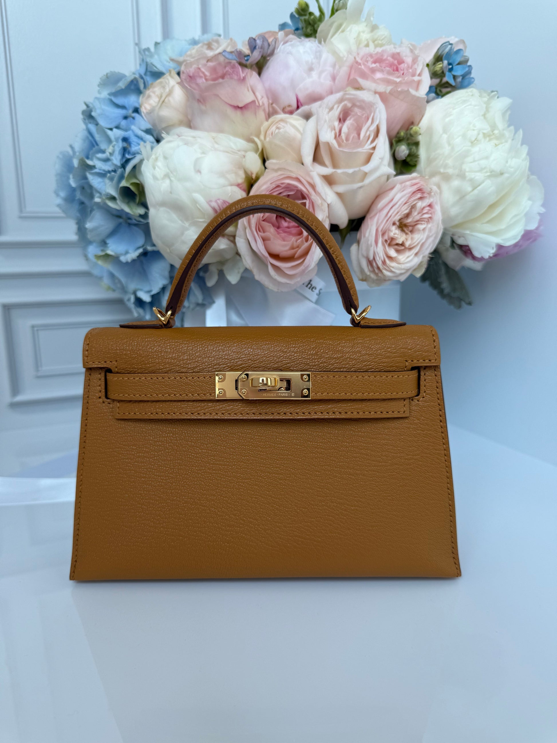 Hermes Chevre Mysore Verso Mini Kelly Sellier 20 Caramel Cacao - Carly Julia Sells Stuff, LLC