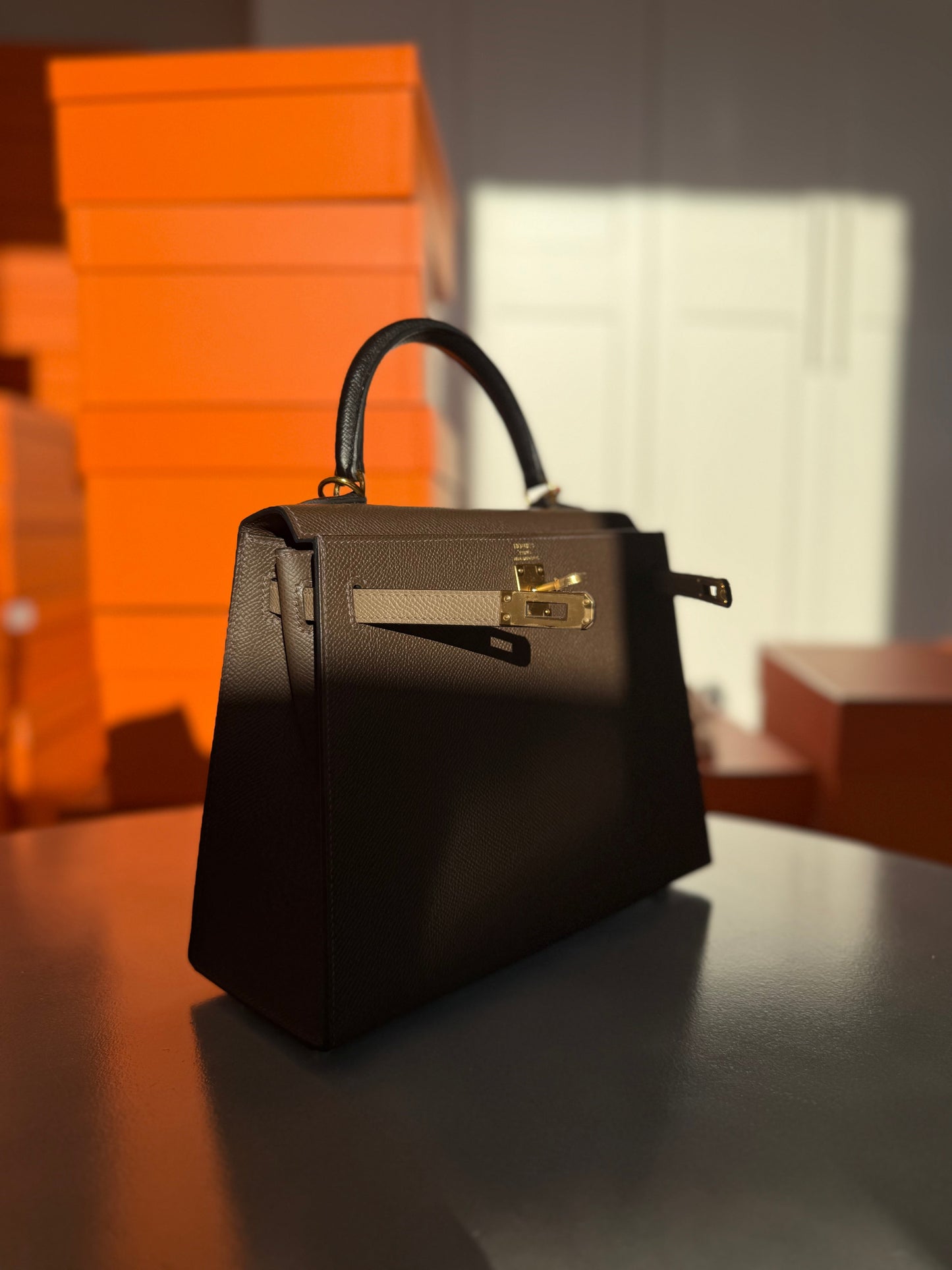 Hermes Kelly 25 Epsom Sellier Tri - color Ecorce, Etoupe and Black GHW - Carly Julia Sells Stuff, LLC