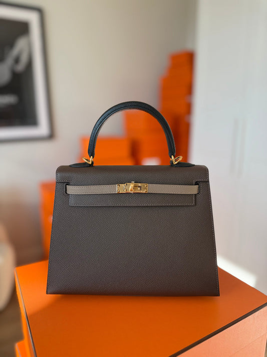 Hermes Kelly 25 Epsom Sellier Tri - color Ecorce, Etoupe and Black GHW - Carly Julia Sells Stuff, LLC