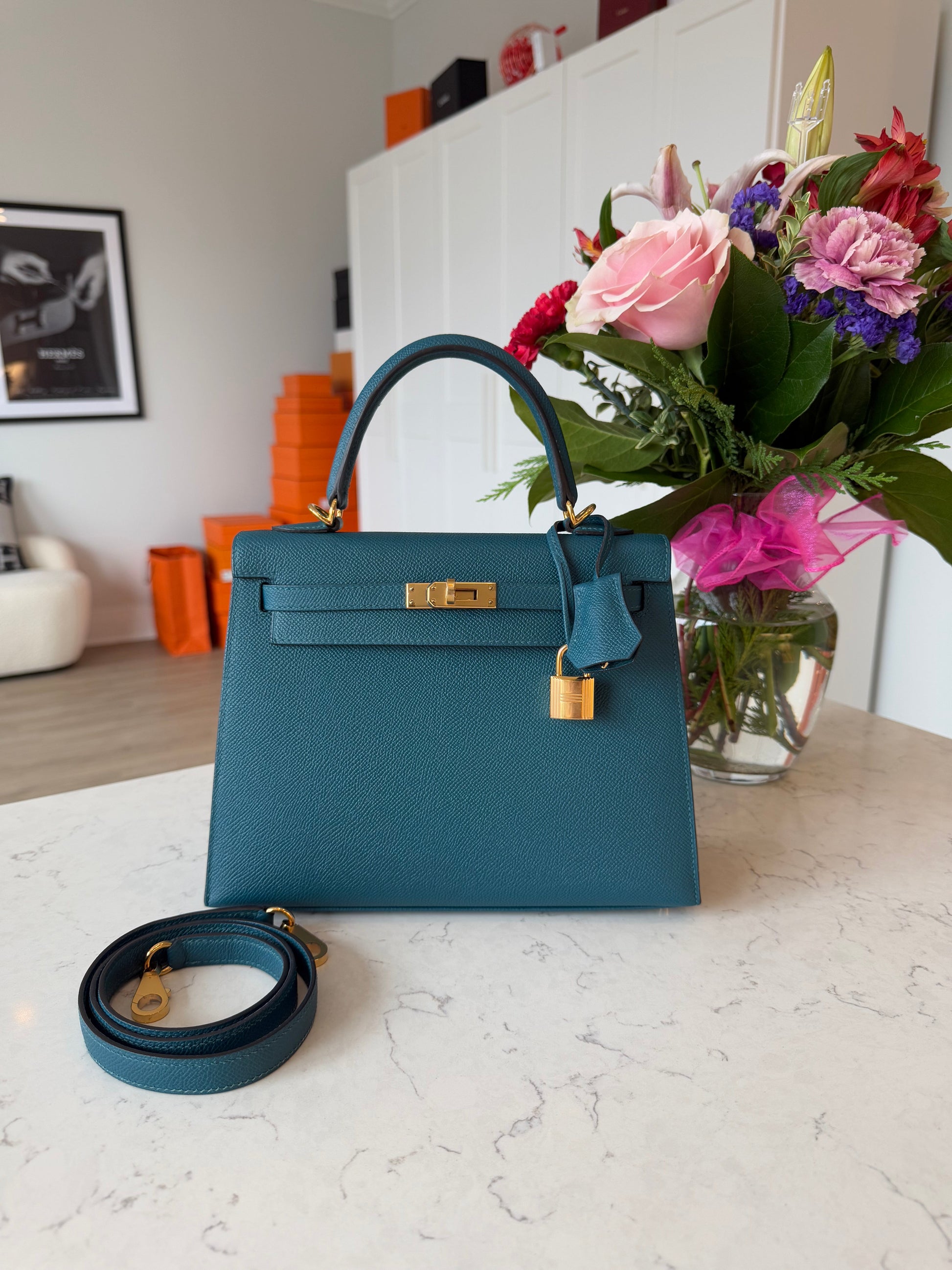 Hermes Kelly 25 Epsom Sellier Vert Bosphore GHW - Carly Julia Sells Stuff, LLC