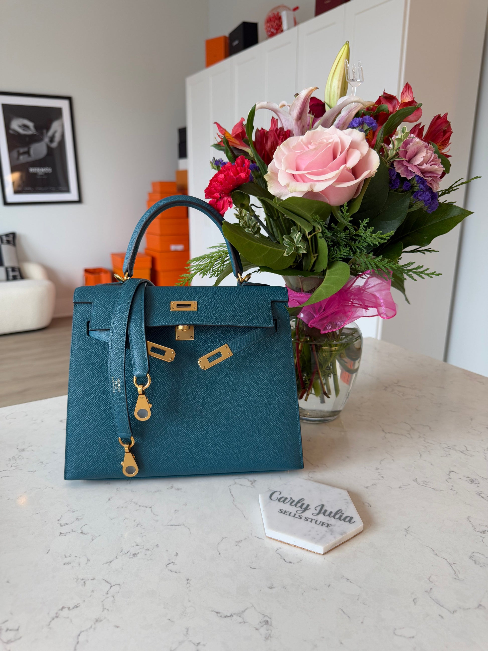 Hermes Kelly 25 Epsom Sellier Vert Bosphore GHW - Carly Julia Sells Stuff, LLC