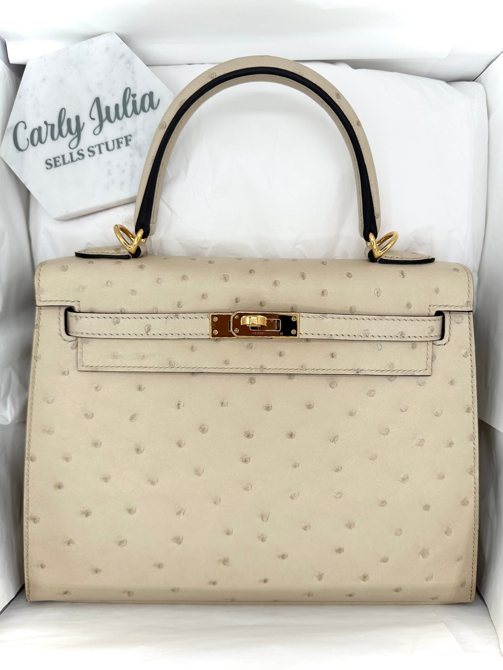 Hermes Kelly 25 Ostrich Sellier Parchemin GHW - Carly Julia Sells Stuff, LLC