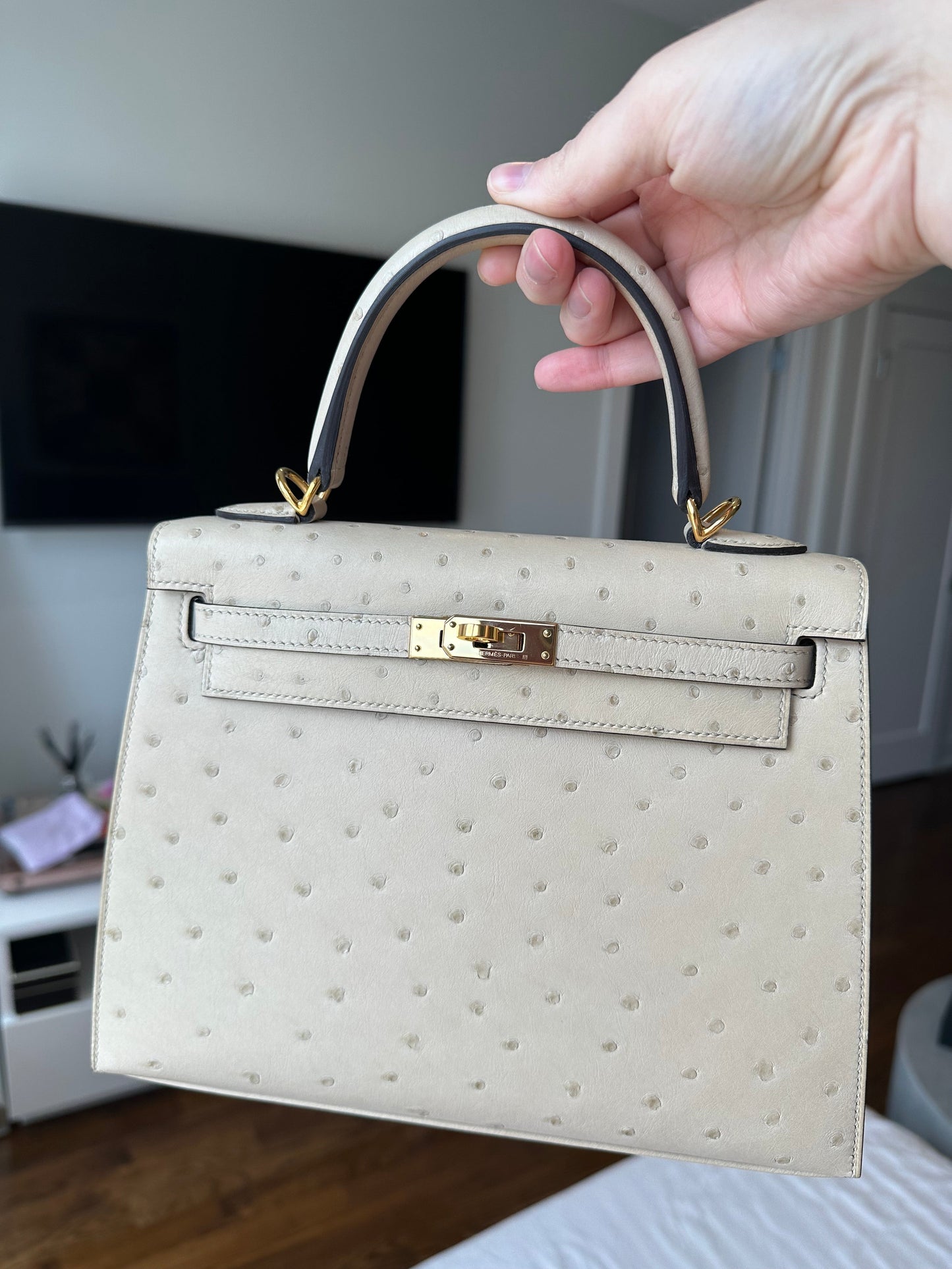 Hermes Kelly 25 Ostrich Sellier Parchemin GHW - Carly Julia Sells Stuff, LLC