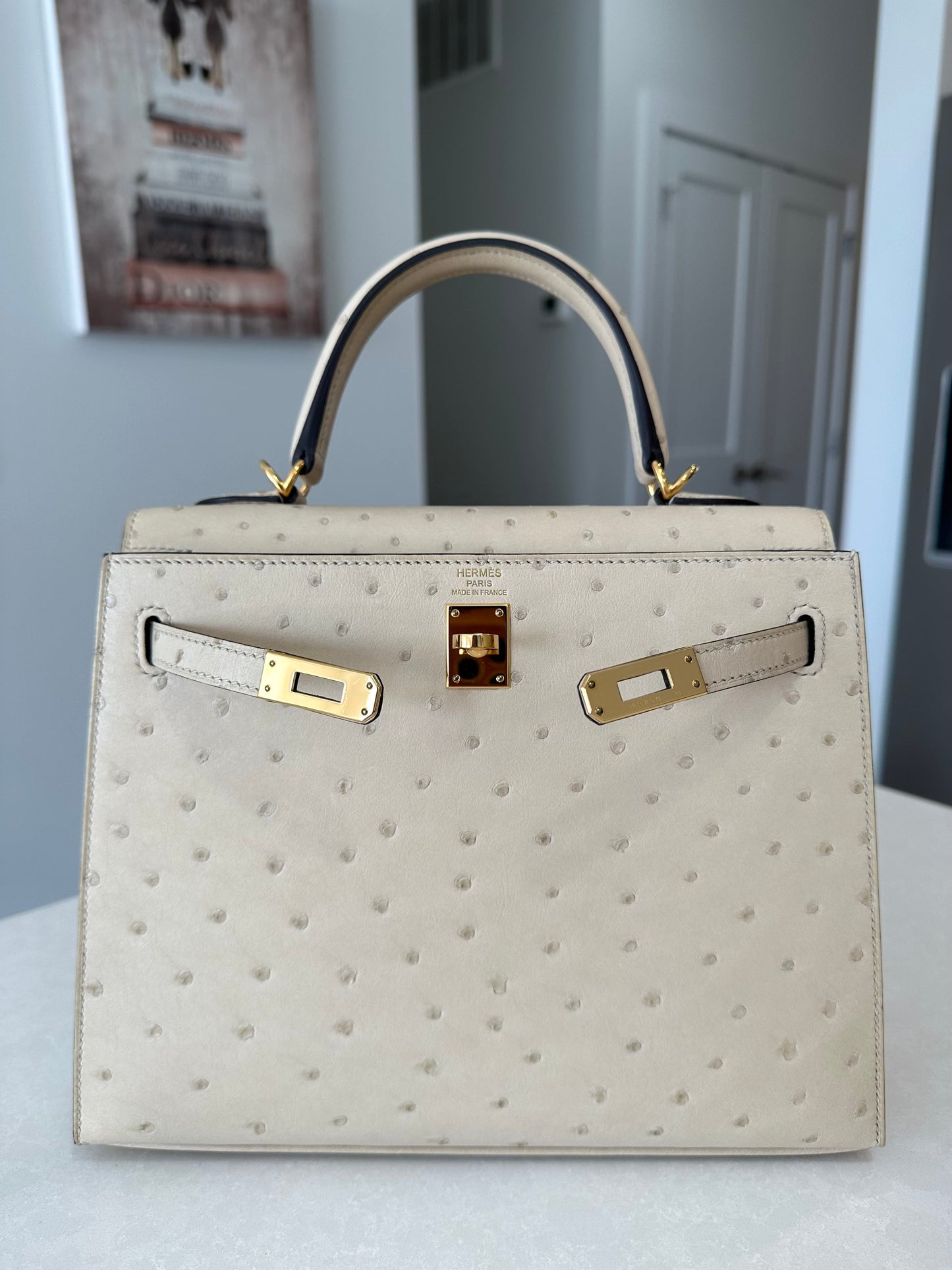 Hermes Kelly 25 Ostrich Sellier Parchemin GHW - Carly Julia Sells Stuff, LLC